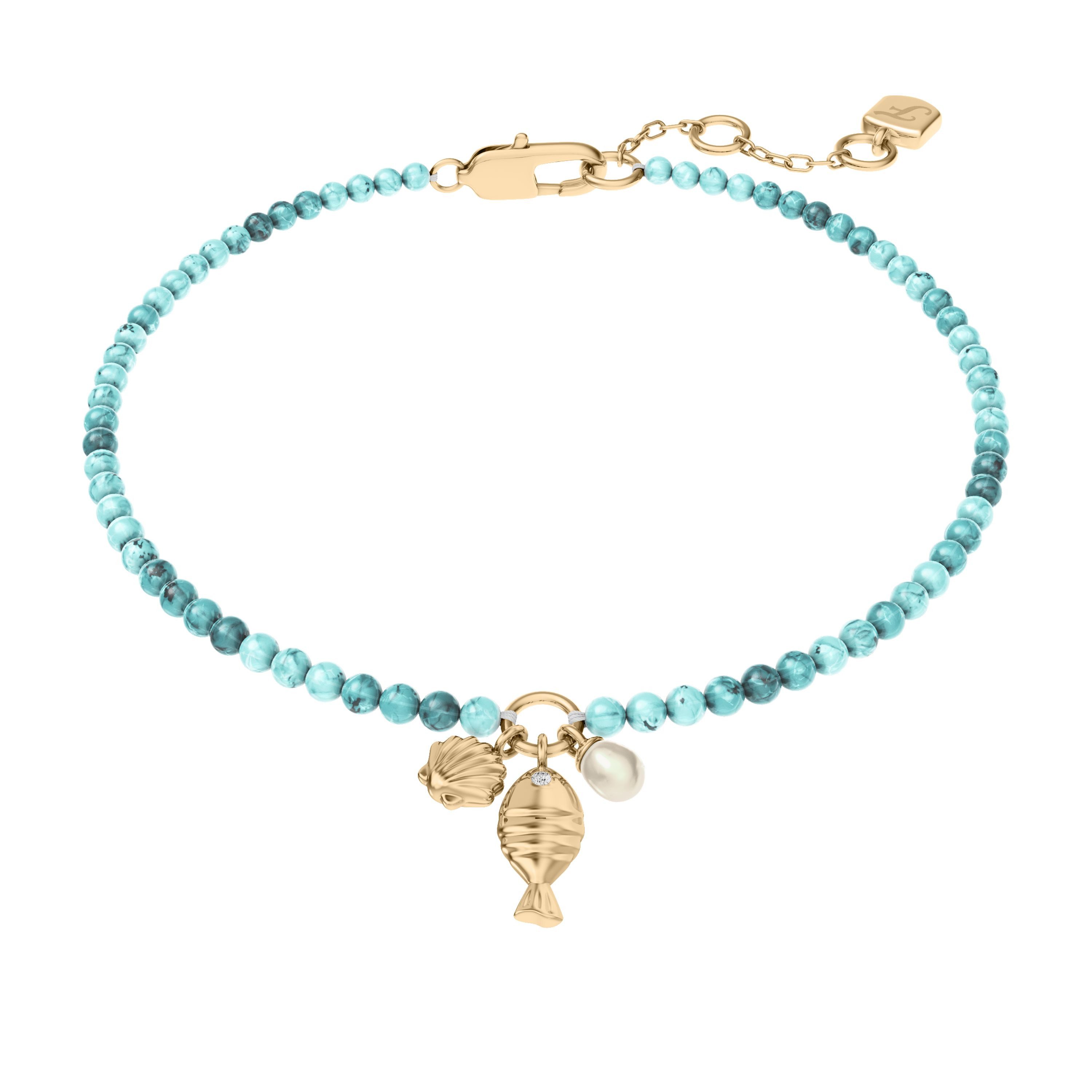 Fossil Armband Schmuck Geschenk Metall Armschmuck Fisch Muschel Sutton, mit Glasstein - mit Süßwasserzuchtperle, Acryl