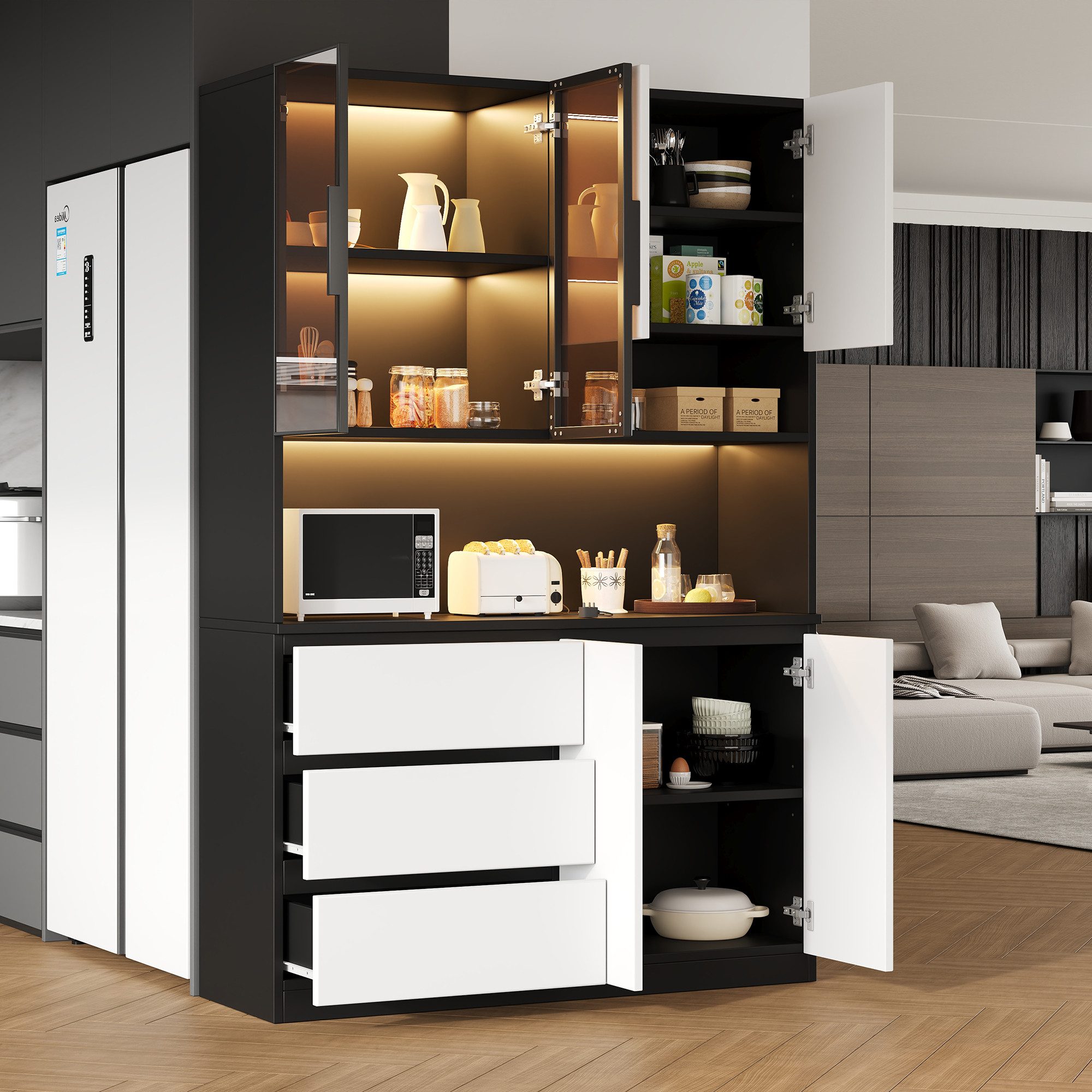 Flieks Küchenbuffet mit LED-Beleuchtung, 3 Schubladen und Glastüren (mit verstellbarer Einlegeböden & Arbeitsplatte, 1-St., 120x40x180 cm) Hochschrank Küchenschrank Mehrzweckschrank Sideboard