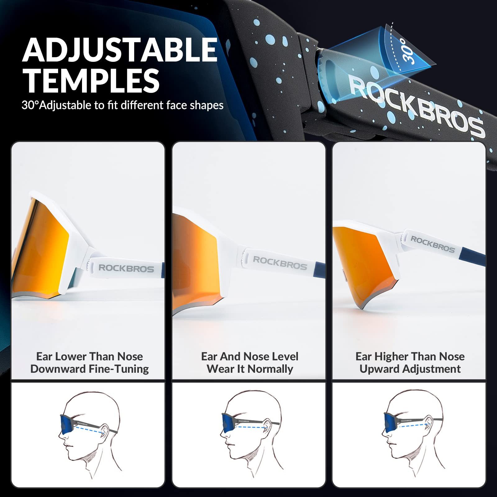 ROCKBROS Fahrradbrille Polarisierte Fahrradbrillen Damen Herren, (TAC-Gläser + TR90-Rahmen), Verstellbarer-Bügel-Design für Radfahren Laufen Angeln