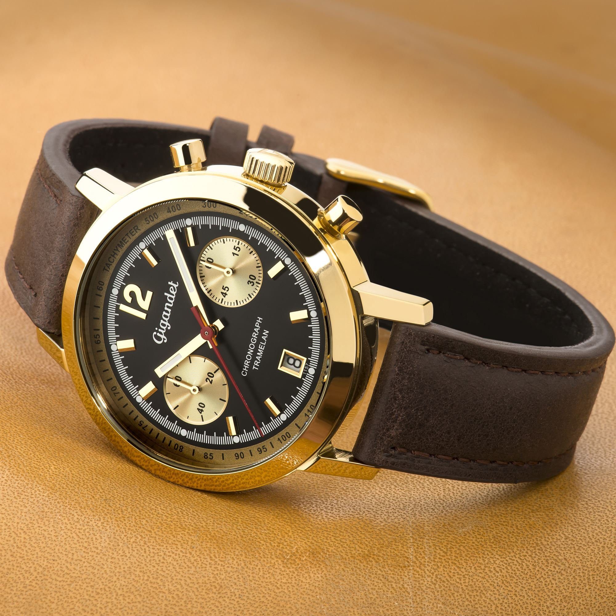 Gigandet Chronograph Armbanduhr, Herrenuhr, Sportuhr, 43mm, TRAMELAN G10-009, Mineralglas, Datumsanzeige, Lederband, 10bar/100m wasserdicht