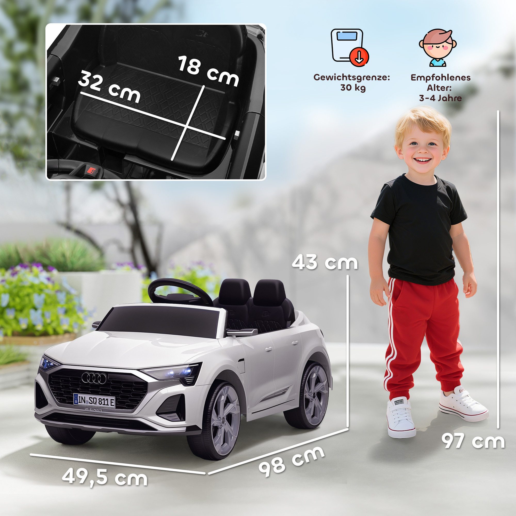 AIYAPLAY Elektro-Kinderauto Kinder 12V Audi Q8 Kinderauto mit 2,4G Fernbedienung, 2 Motoren, Belastbarkeit 30 kg, (1-tlg), 3-5 km,h, für 3-4 Jahre Kinder, Weiß