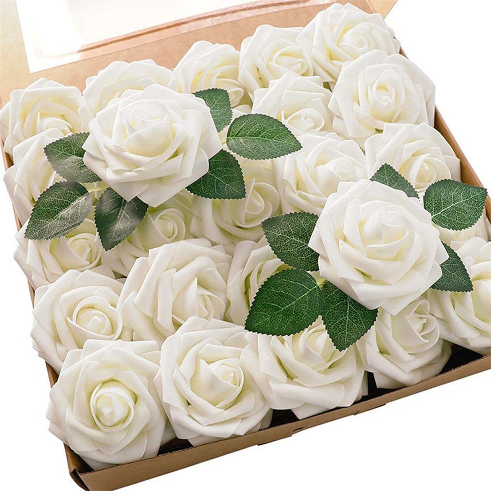 Kunstblumenstrauß 25 Stück Deko Rosen CTGtree Blumen Milchweiß, Künstliche