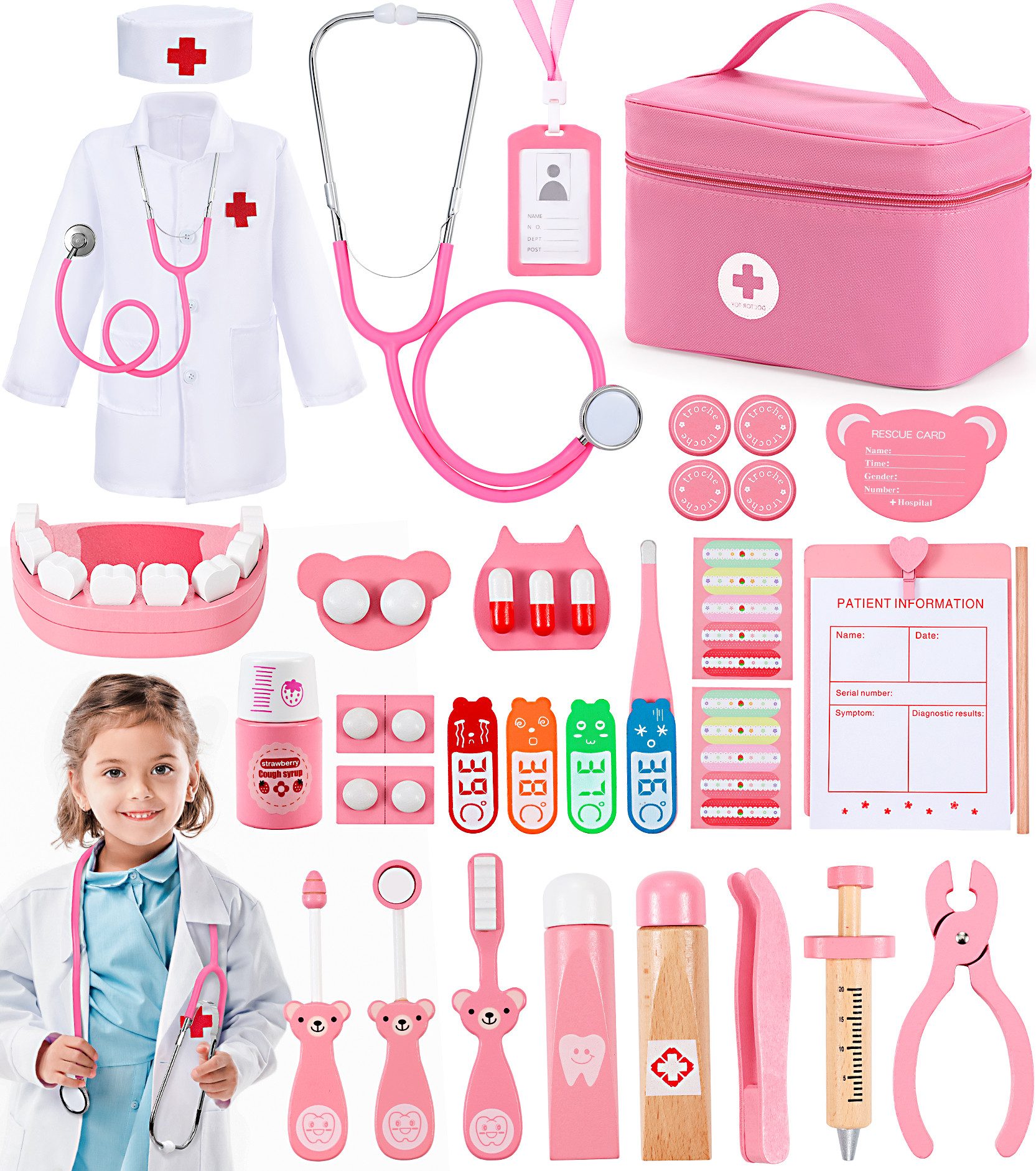 POPOLIC Spielzeug-Arztkoffer Holz Arztkoffer, Kinder Spielset, Pädagogisches Medizinische Spielzeug, (Kinder-Arztkoffer aus Holz – Ideal für Rollenspiele und Entwicklung), Perfektes Geschenk für Kinder ab 3 Jahren
