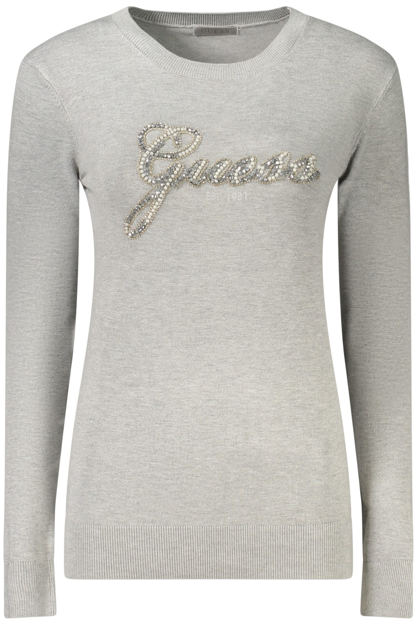 GUESS JEANS Strickpullover Grauer Damenpullover mit Rundausschnitt und edler Verzierung