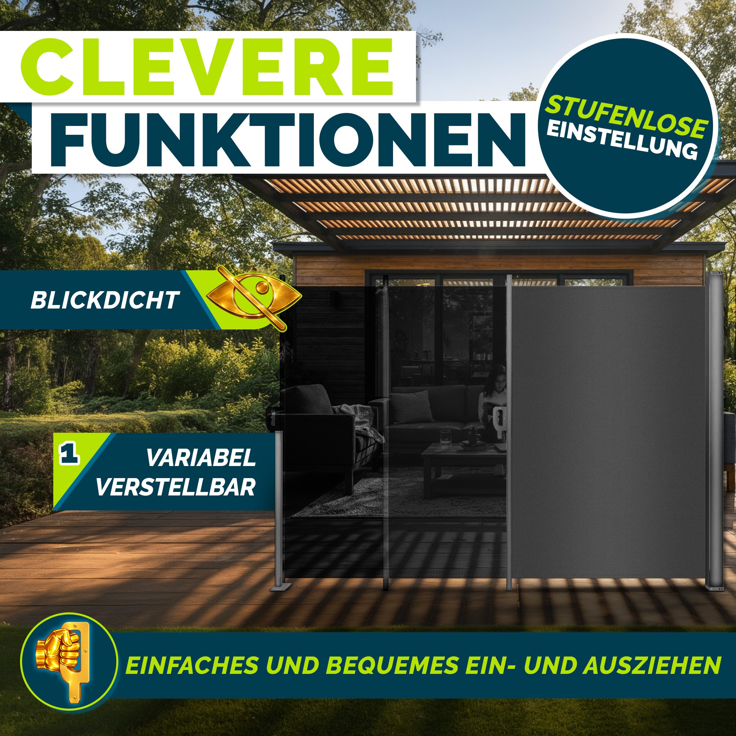 tillvex Seitenmarkise tillvex® Seitenmarkise ausziehbar Markise Wandmarkise Sichtschutz