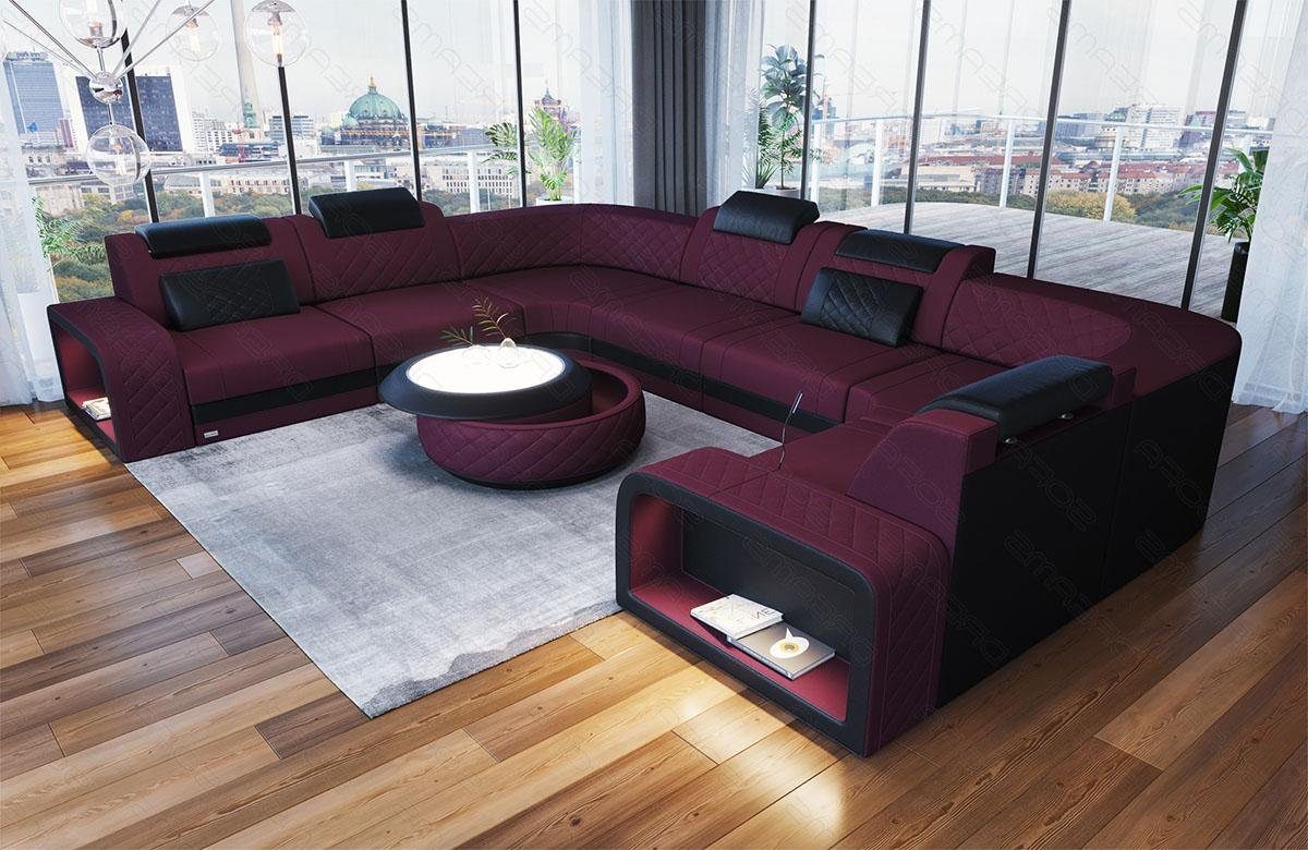U Sofa Dreams Wohnlandschaft mit Form C107 Couch Sofa Lila-Schwarz USB-Anschluss, Foggia Designersofa Stoff Polster Polstersofa, Stoffsofa Stauraum, LED,
