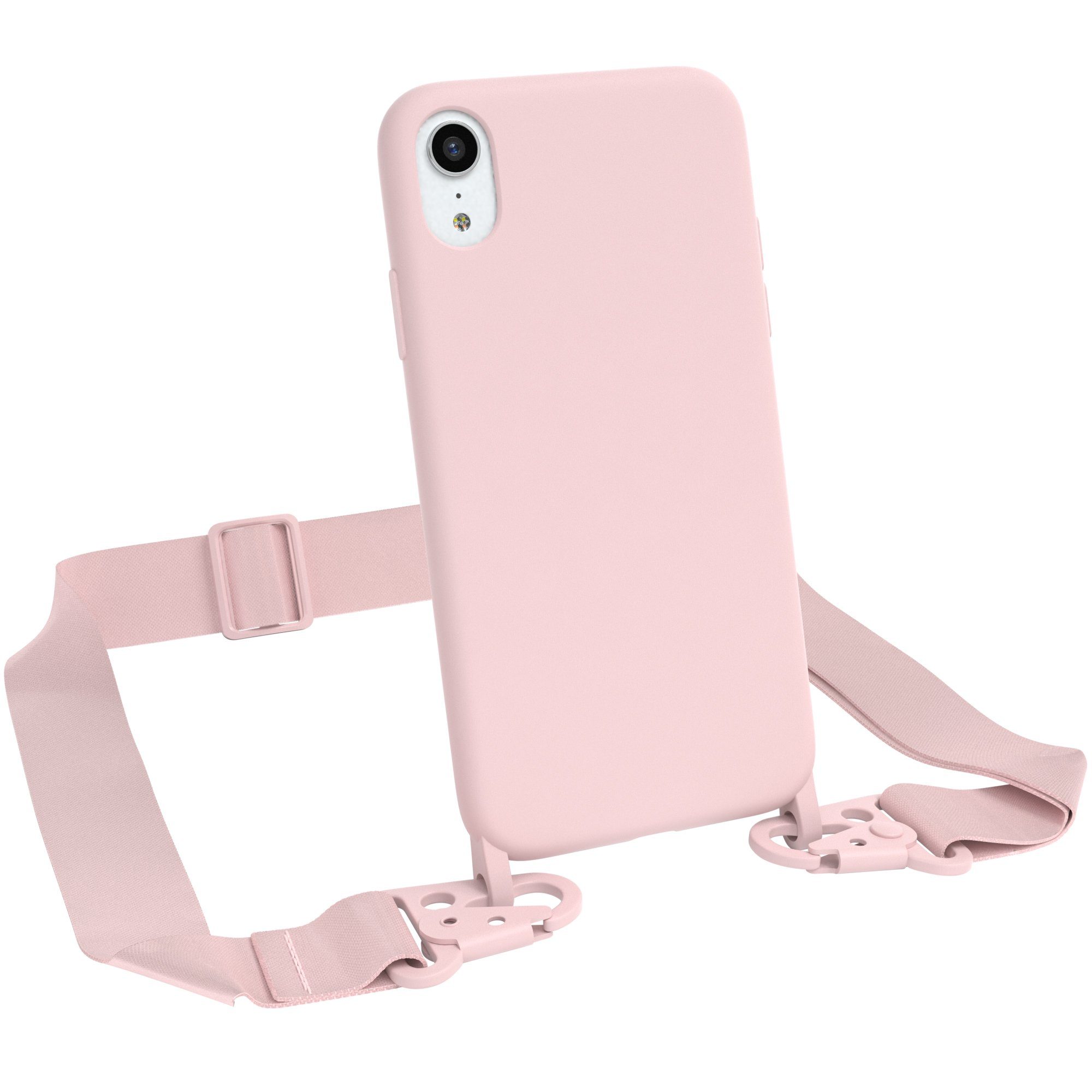 EAZY CASE Handykette Breitband Kette für Apple iPhone XR 6,1 Zoll, 2 in 1 Hülle abnehmbarer Kordel Carabiner Necklace Backcover Rosé Gold