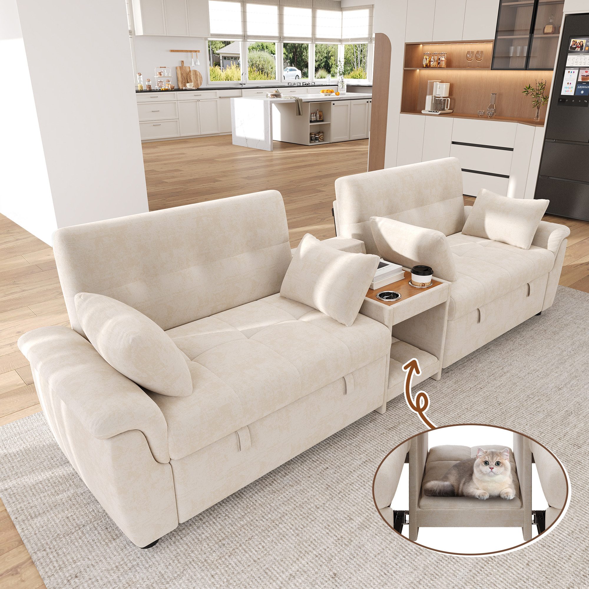 Flieks Sofa U-Form Schlafsofa Ecksofa verstellbare Rückenlehne, 2 Becherhaltern, 284×138×89 cm, Doppelsofa Couch mit Bettfunktion, Haustierbereich Chenille Beige