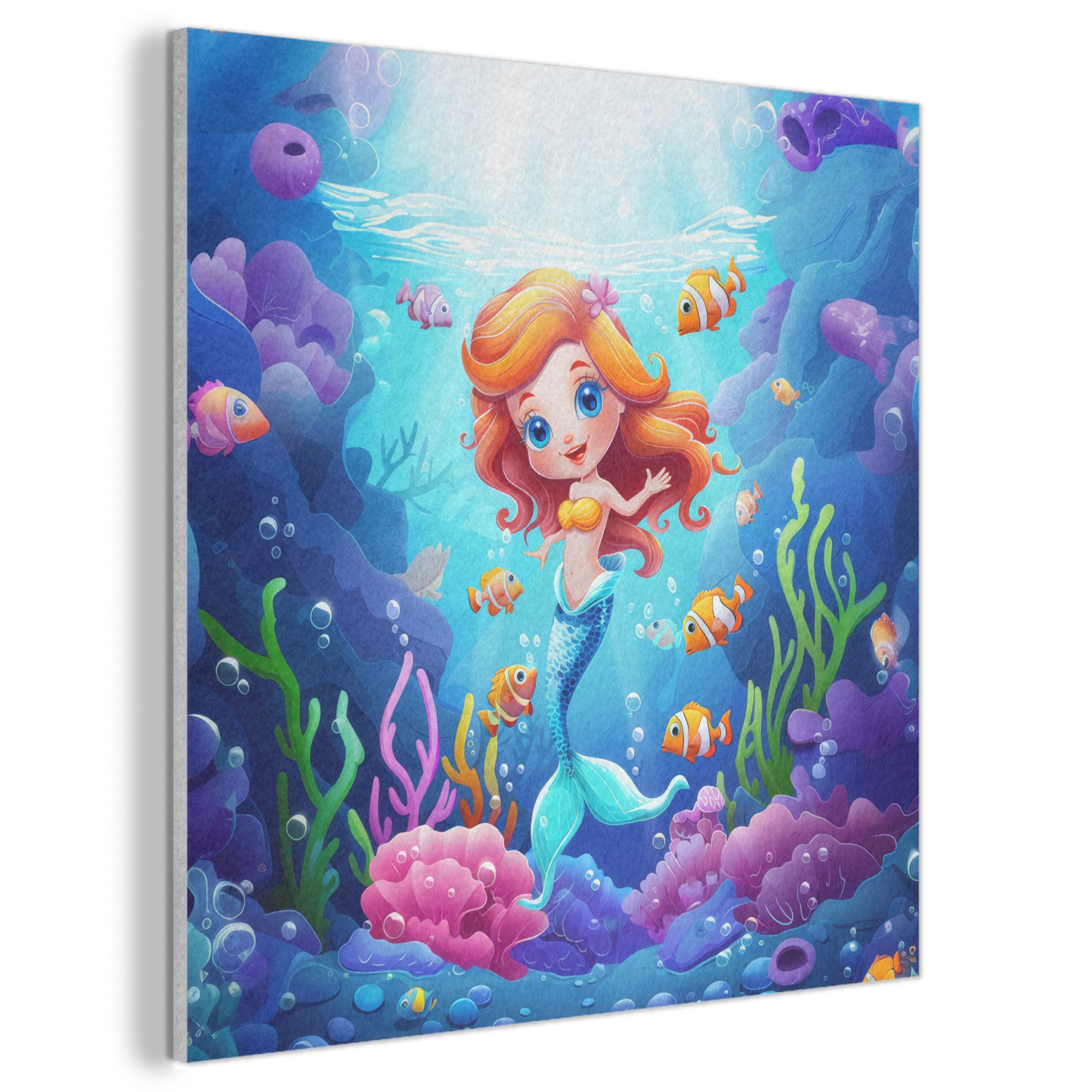 MuchoWow Gemälde Meerjungfrau - Unterwasserwelt - Fische - Ozean, Fotodruck (1 St), Akustikbilder PET-Filz, Wandpaneele, Akustikpaneele 90x90 cm
