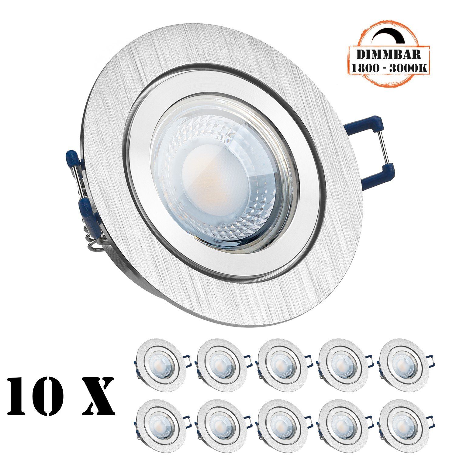 LEDANDO LED Einbaustrahler 10er IP44 LED Einbaustrahler Set extra flach in aluminium gebürstet mi