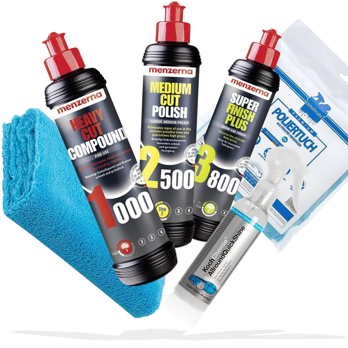detailmate Menzerna Polituren + Pads + Mikrofasertücher Autopolitur (Set, Autopolitur Set), Politur + Mikrofasertuch + Detailer