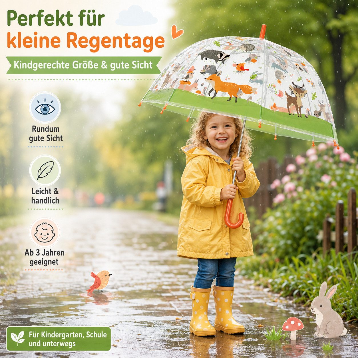 esschert design Stockregenschirm Kinderschirm transparent mit Waldtieren für Spaß im Regen – Bild 2 von 5