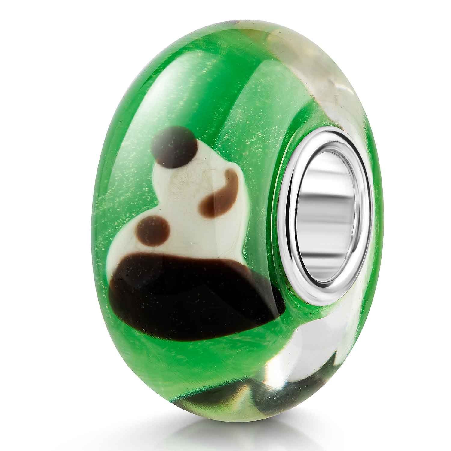 Bead Glas Charm mit Hund Grün Weiß Braun 1045