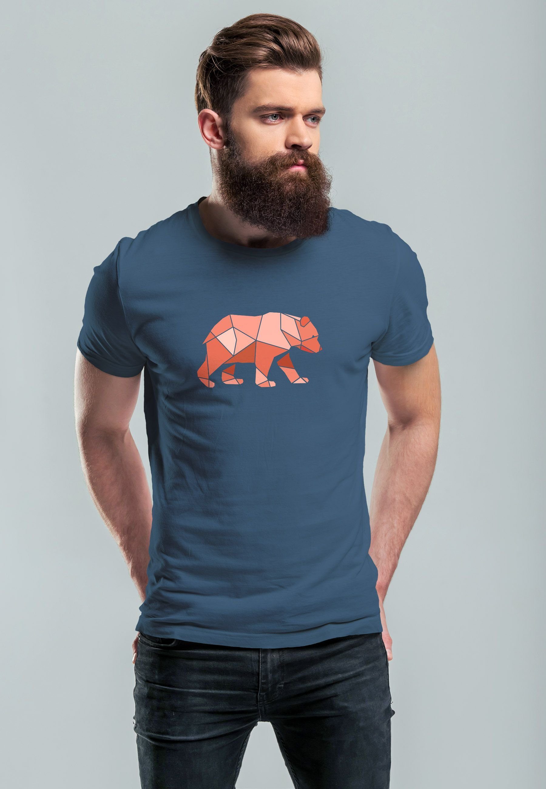 Neverless Print-Shirt Print Grafik Printshirt Fash Polygon blue mit Natur Outdoor T-Shirt denim Bär Motive Herren