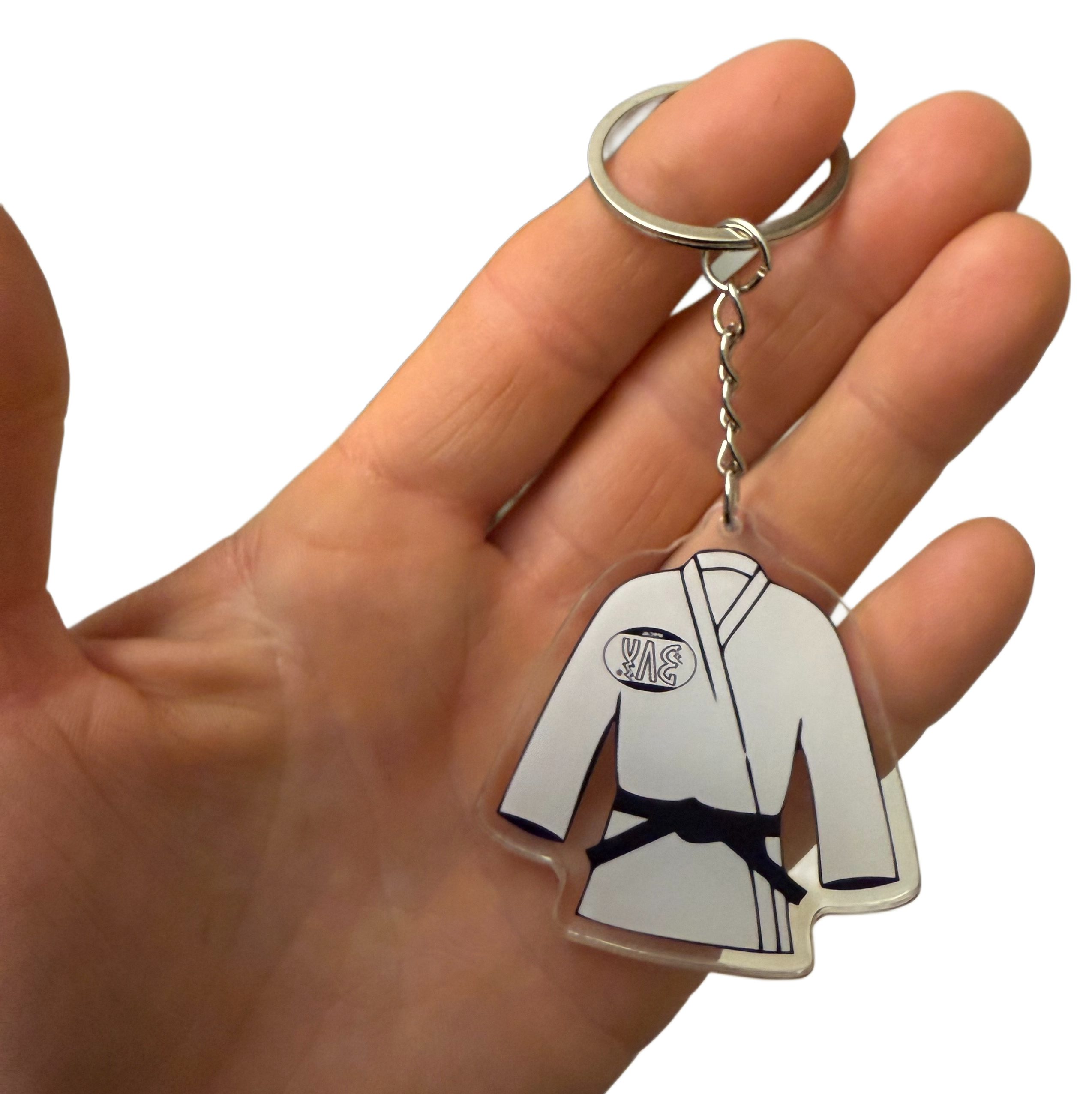 BAY-Sports Schlüsselanhänger mini Karate Anzug schwarz Karatejacke Karateanzug Taekwondo Judo Budo (Stück), Beidseitig sichtbar, schwarzer Budogürtel, Aus Acryl