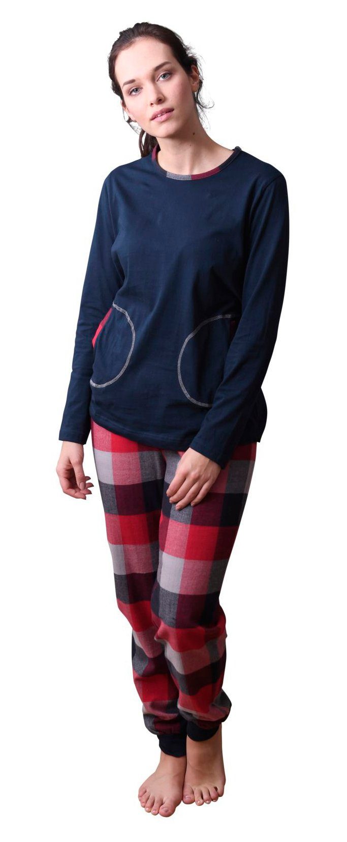 Normann Pyjama Damen Flanell Pyjama Mix & Match Top Single Jersey, Hose Flanell