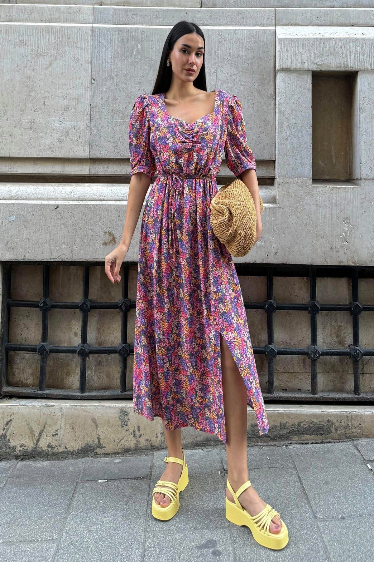 For You Moda Midikleid Natürliche Viskose Vorderseite Geraffte Schlitz Gemustertes Langes Lil