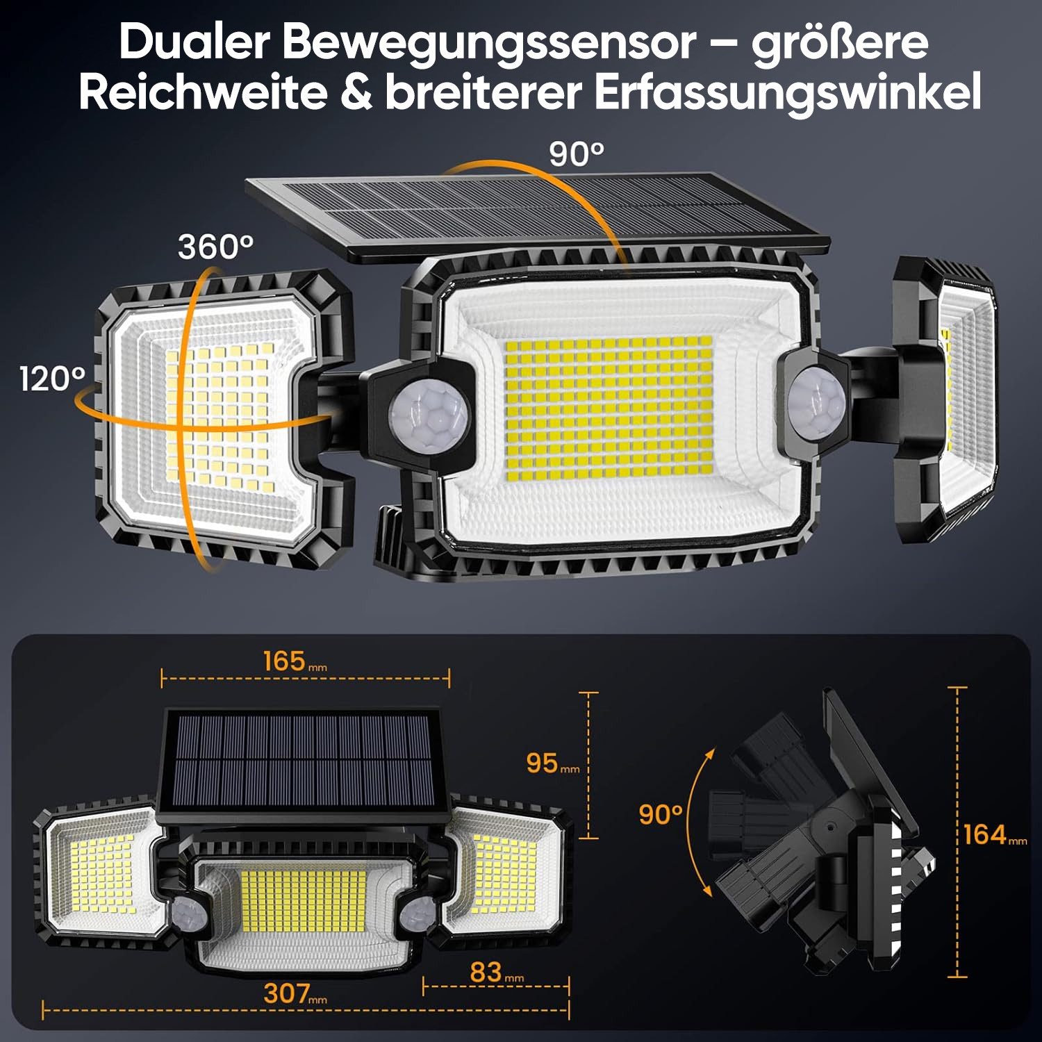 Quntis LED Solarleuchte Solarlampen für Außen mit 2 Bewegungsmelder, 305LED IP65 2500LM, Wasserdicht; Außenbeleuchtung, LED fest intergriert, warmweiß, Außenwandleuchte Garten Wegleuchte Carport Garage Eingang Weg Treppe