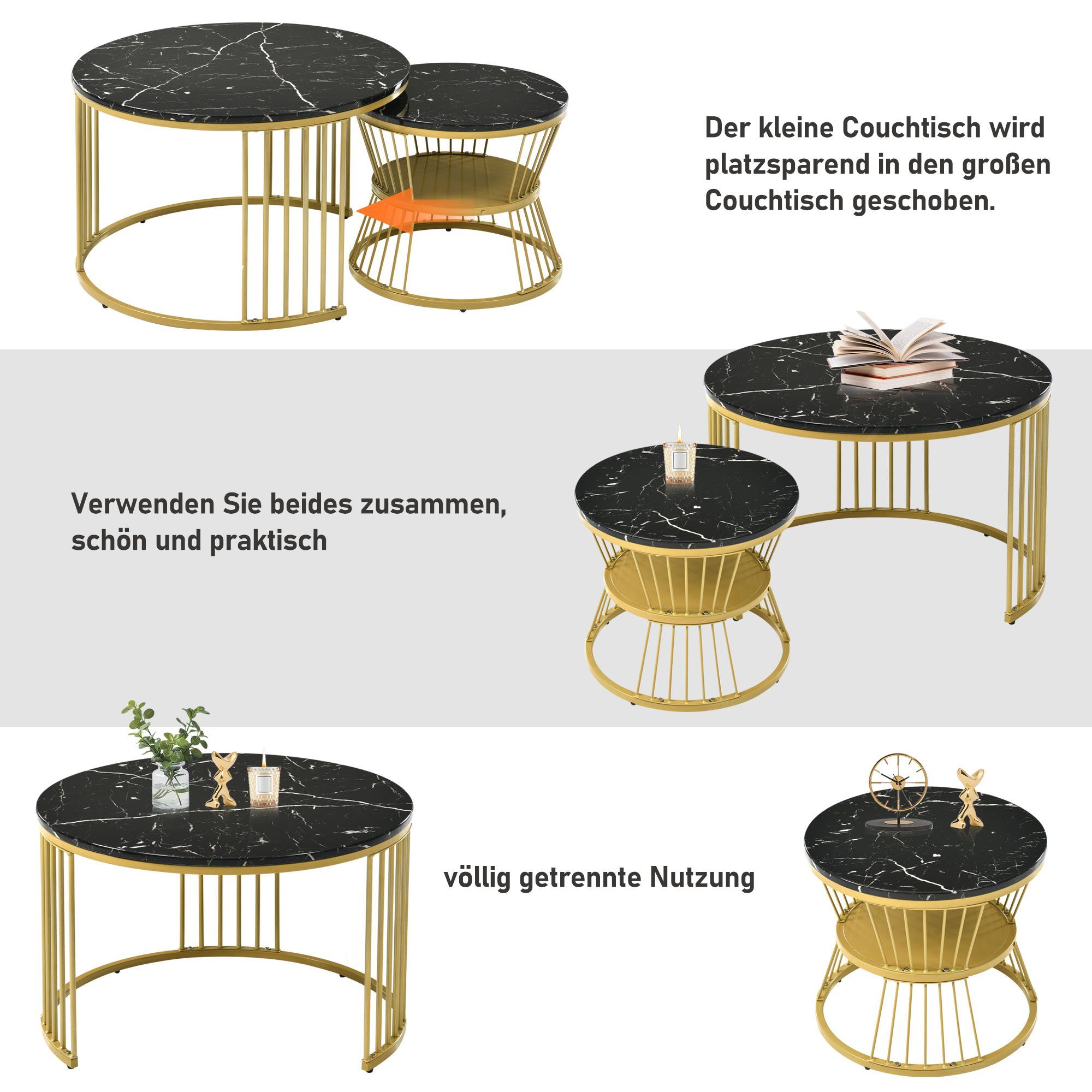 Runde Tischen Furnier Couchtisch, Nest Endtische), REDOM Nesting Couchtisch (Moderne Moderne Sofa 2er Couchtisch Nesting Schwarz+Gold Marmor Seite Set und von