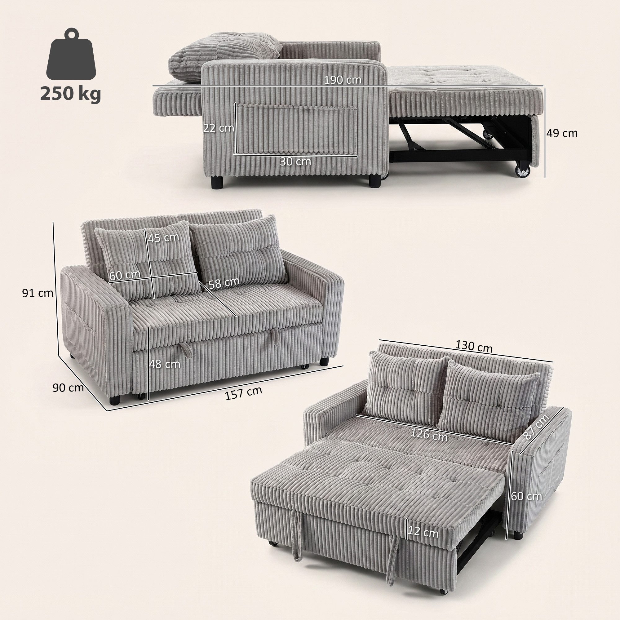 HOMCOM Schlafsofa Sofa mit Schlaffunktion Schlafcouch mit verstellbarer Rückenlehne, Set 1 Teile, für Wohnzimmer, Hellgrau