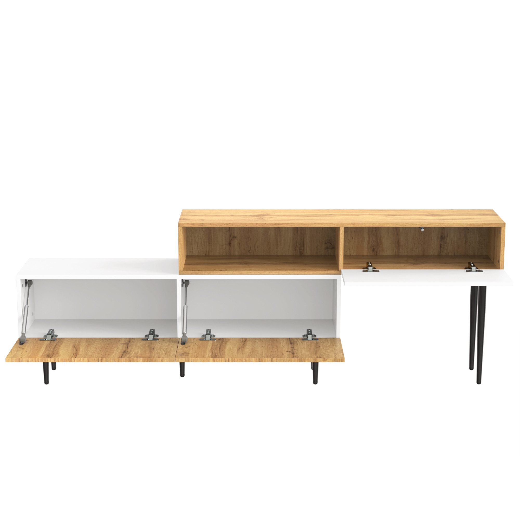 Lowboard mit schwarzen Metallbeinen, in Holzoptik & Weiß