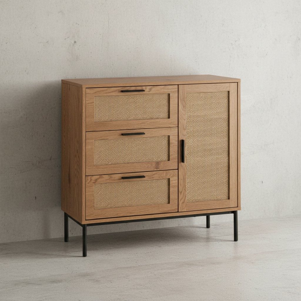 KADIMA DESIGN Kommode Kommode 80x82x36 cm Flurkommode Eiche-Dekor & Rattan, Sideboard mit (Anrichte Schubladenkommode), drei Schubladen und Tür, Kommodenschrank Modern, Standschrank