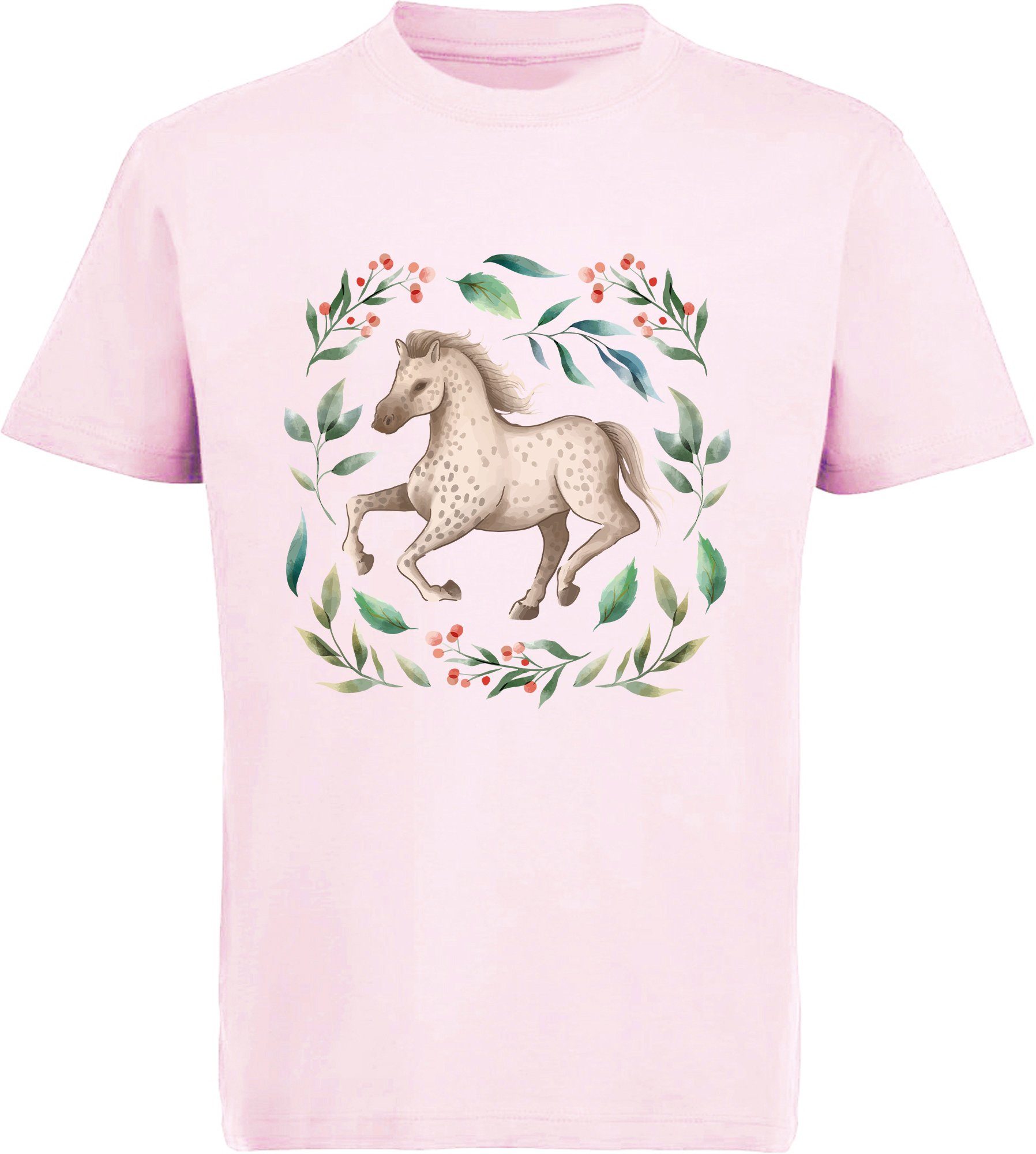 Print-Shirt bedrucktes Mädchen T-Shirt - Laufendes Pferd im Blumenkranz