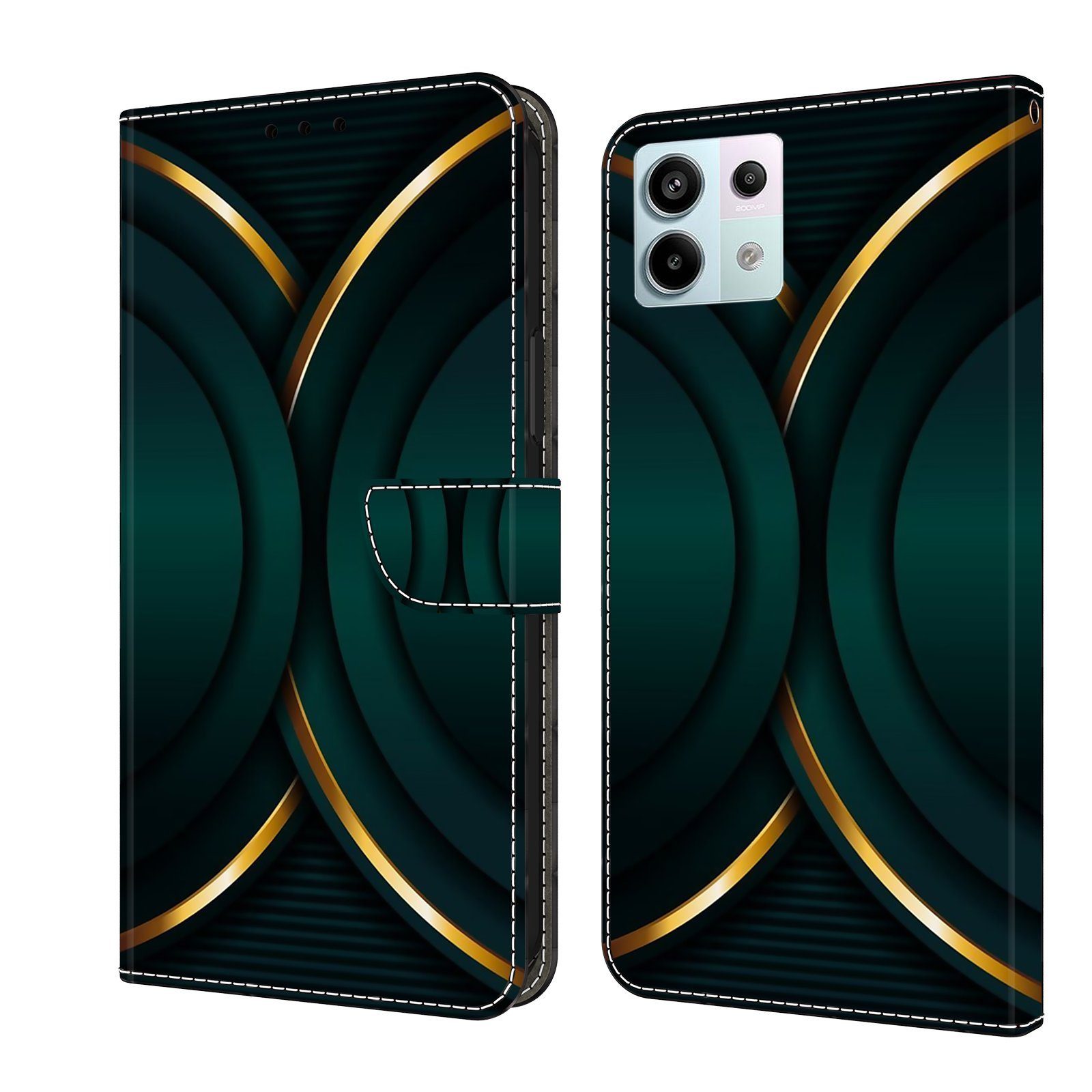 CLM-Tech Handytasche für Xiaomi Redmi Note 13 Pro 5G Hülle Tasche aus Kunstleder Klapphülle (goldener Rand Kontur, Handyhülle Wallet Flip Case Cover Etui), Schutzhülle mit Standfunktion, Kartenfächer, und Magnetverschluss