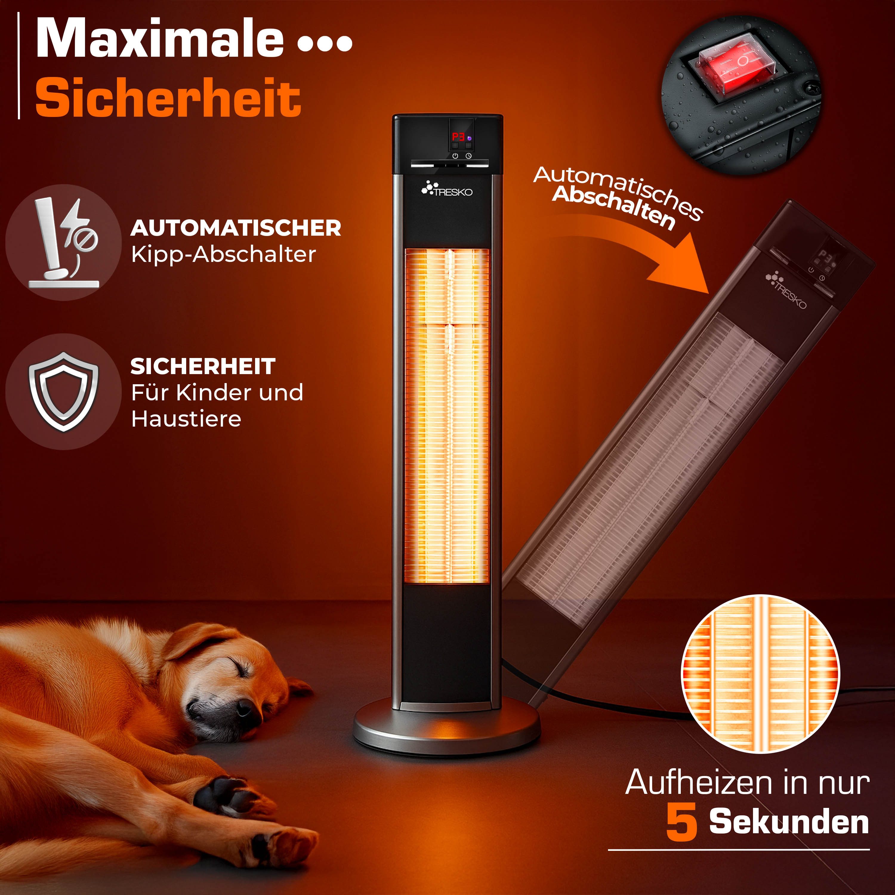 TRESKO Heizstrahler Infrarot Stand-Heizstrahler Wärmestrahler Fernbedienung LED-Anzeige, 2000 W, Terrasse elektrisch mit 3 Heizstufen, Terrassenstrahler Innen & Außen