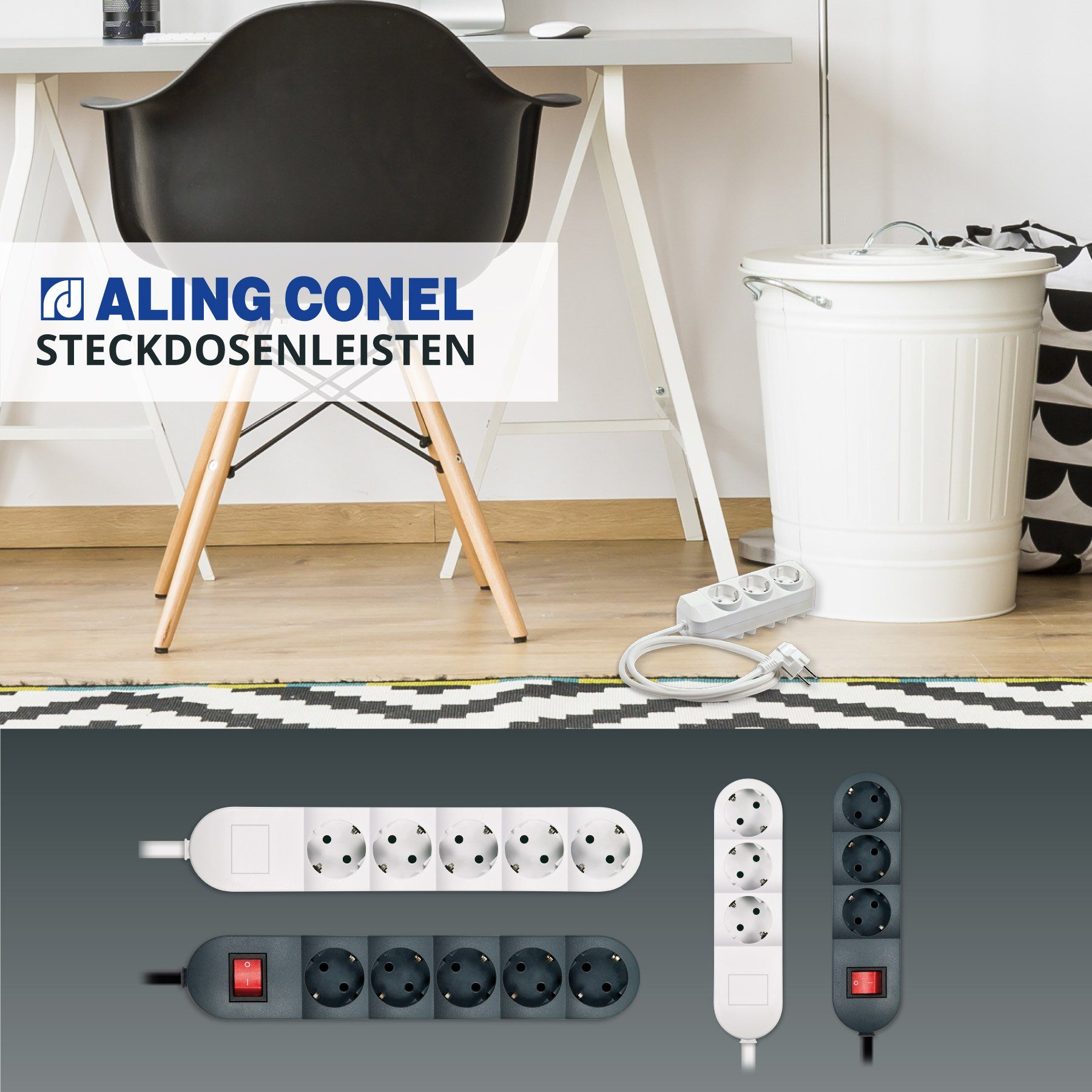 Aling Conel Ein/Aus Kabellänge Kinderschutz Schutzkontaktstecker, (1,5m m) Steckdosenleiste mit 1,5 3-fach Verbindungskabel) (ohne Steckdosenleiste Schalter, 3-fach