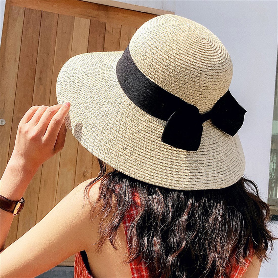DÖRÖY Strohhut Frauen Sommer Bogen Strand Hut, Mode faltbar Sonnenschutz Strohhut Beige