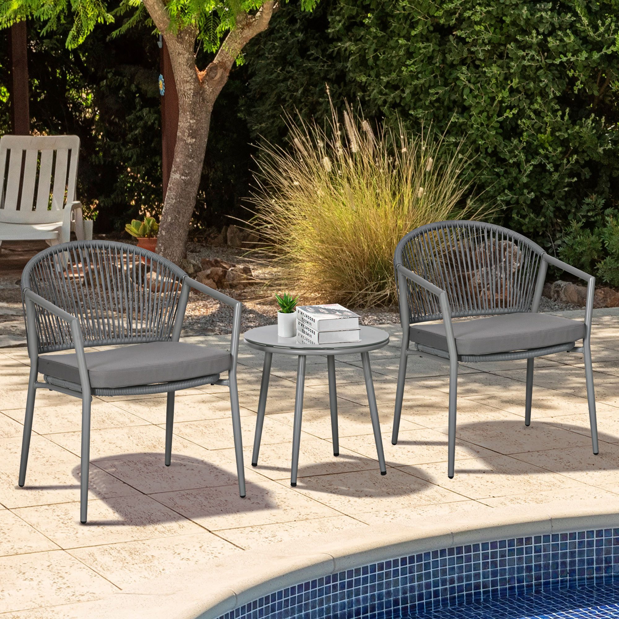 Outsunny Sitzgruppe Rattan Bistroset mit 2 Gartensesseln und Couchtisch, (Sitzgarnitur, 3-tlg., Balkonmöbel-Set), für Garten, Terrasse, Stahl, Grau
