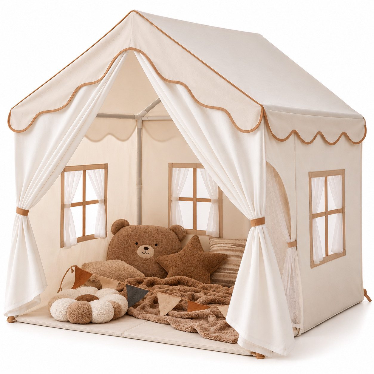 TSE Spielzelt Kinderzelt 2-in-1 Spielhaus mit Matte & Licht Indoor ab 3 Jahren (Kinderzelt-Set mit Bodenmatte, Lichtern und Wimpeln) 2-in-1 als Spielhaus Bettzelt, Bodenmatte, Lichter, 4 Fenster