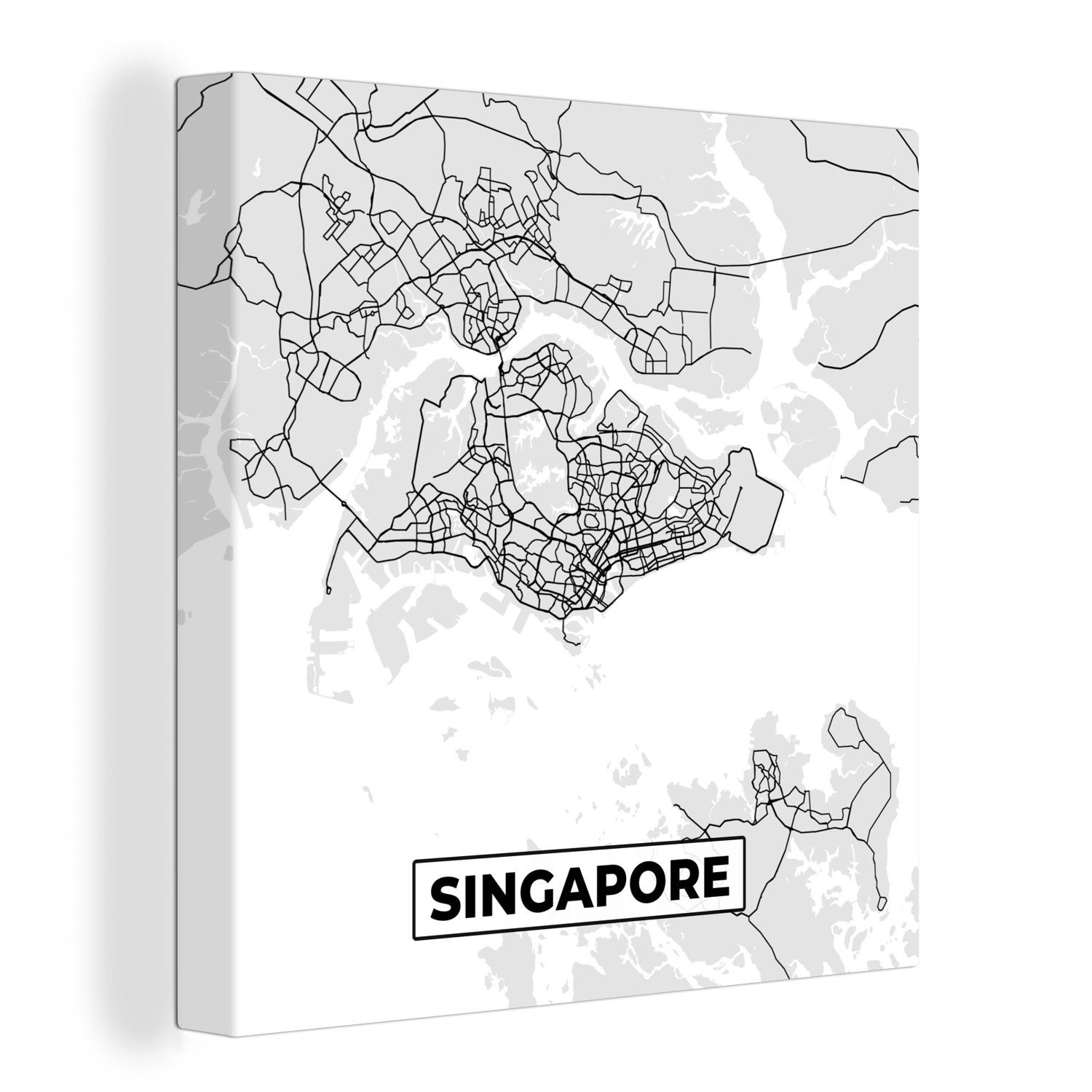 OneMillionCanvasses® Leinwandbild Singapur - Karte - Stadtplan - Schwarz und weiß - Karte, (1 St), Leinwand Bilder für Wohnzimmer Schlafzimmer