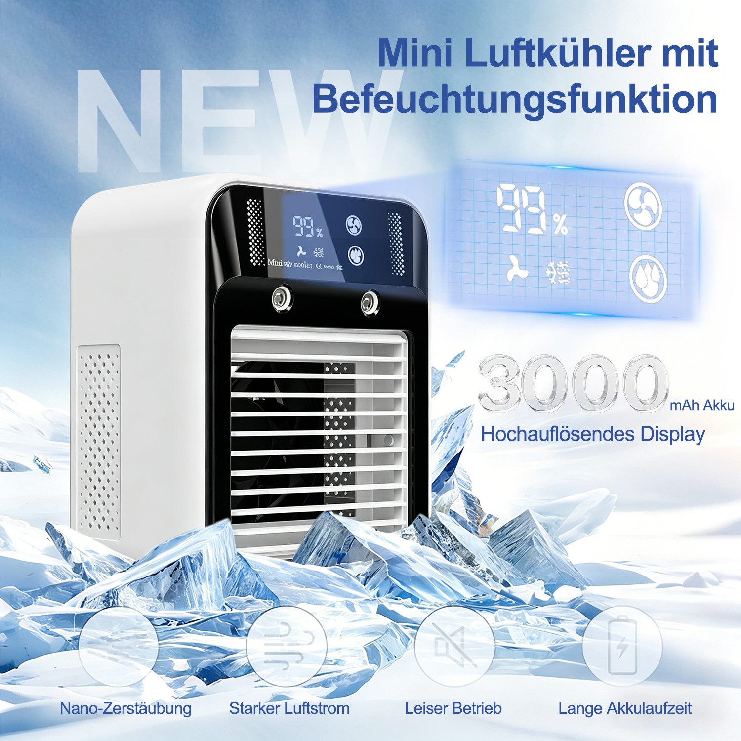 MOPUEA Ventilatorkombigerät 2-in-1 Luftkühler mit Befeuchtungsfunktion Ventilatorkombigerät, Nano-Zerstäubung für effektive Kühlung