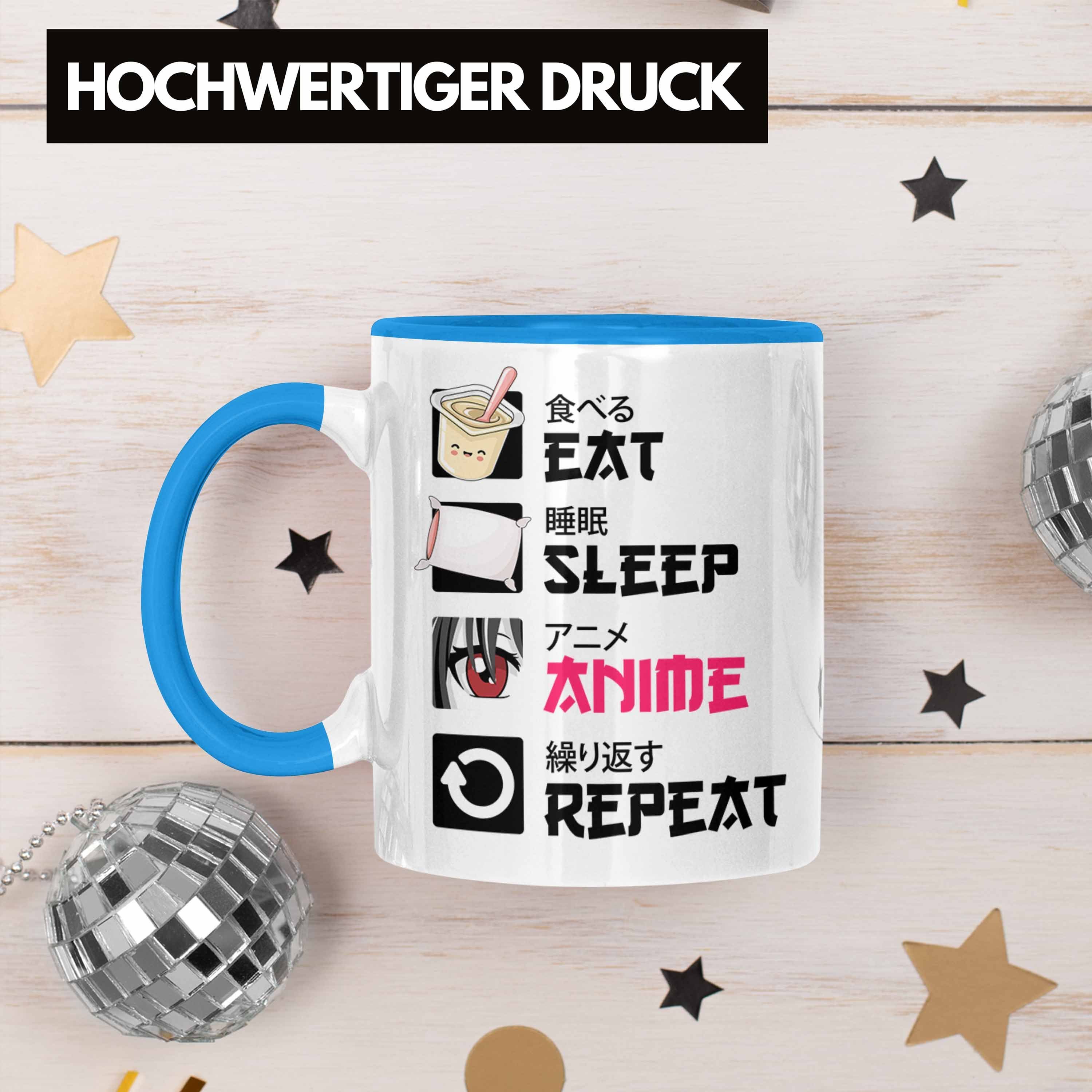 Trendation Anime Geschenke Geschenk Deko Kaffeetasse Trendation Sleep - Tasse Eat Blau Spruch Tasse