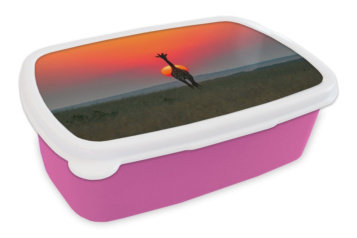 MuchoWow Lunchbox Giraffe - Sonne - Himmel, Kunststoff, (2-tlg), Brotbox für Erwachsene, Brotdose Kinder, Snackbox, Mädchen, Kunststoff rosa