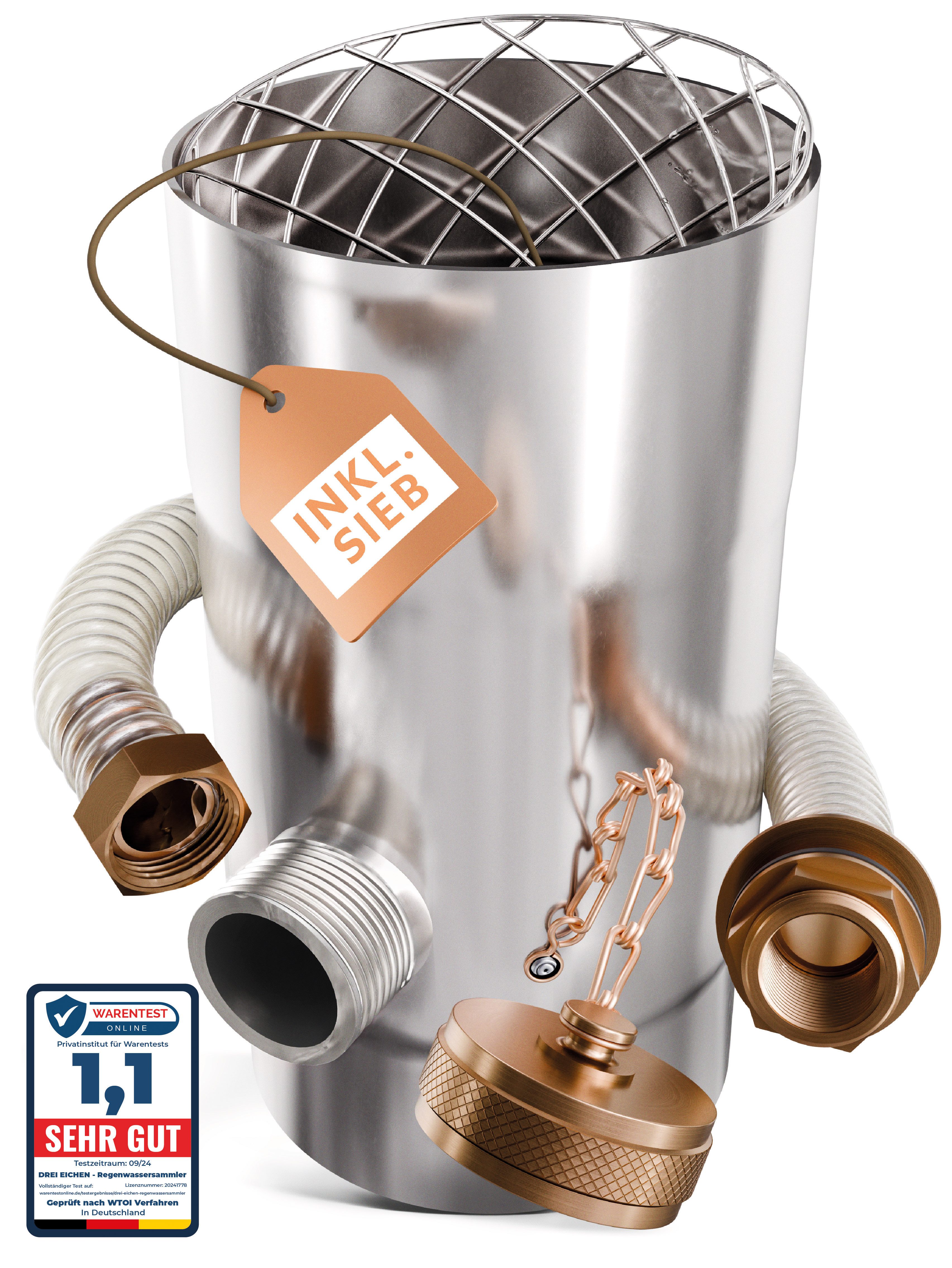 Drei Eichen Regentonnenfüllautomat Regenwassersammler mit Sieb für Fallrohre - Edelstahl - mit Schlauch, Edelstahl, Überlaufschutz, inkl. Sieb, Schlauch und Fassanschluss.