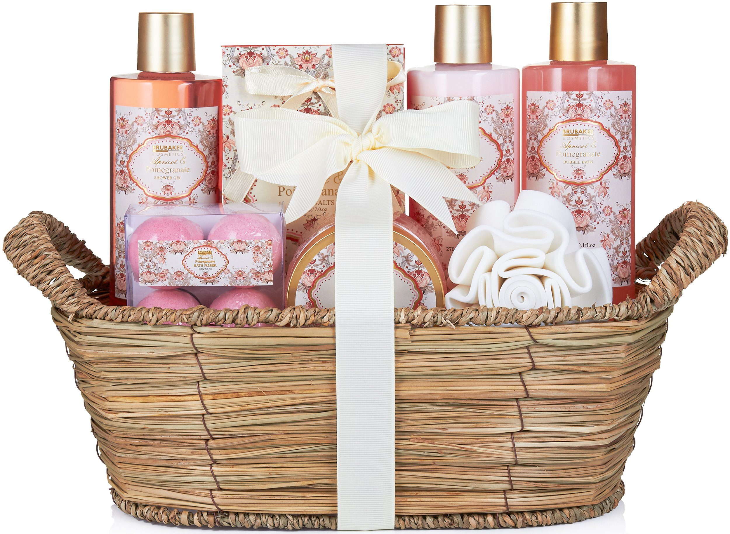 BRUBAKER Hautreinigungs-Set Bade- und Dusch Set, 11-tlg., Geschenkset im Flechtkorb, Aprikose und Granatapfel Duft