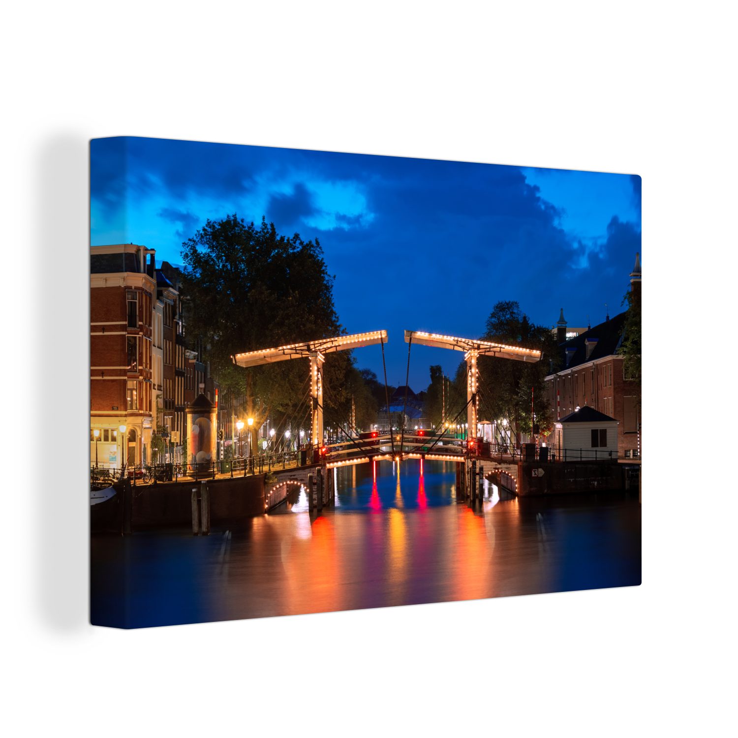 OneMillionCanvasses® Leinwandbild Amsterdam - Brücke - Nacht, (1 St), Wandbild Leinwandbilder, Aufhängefertig, Wanddeko, 30x20 cm