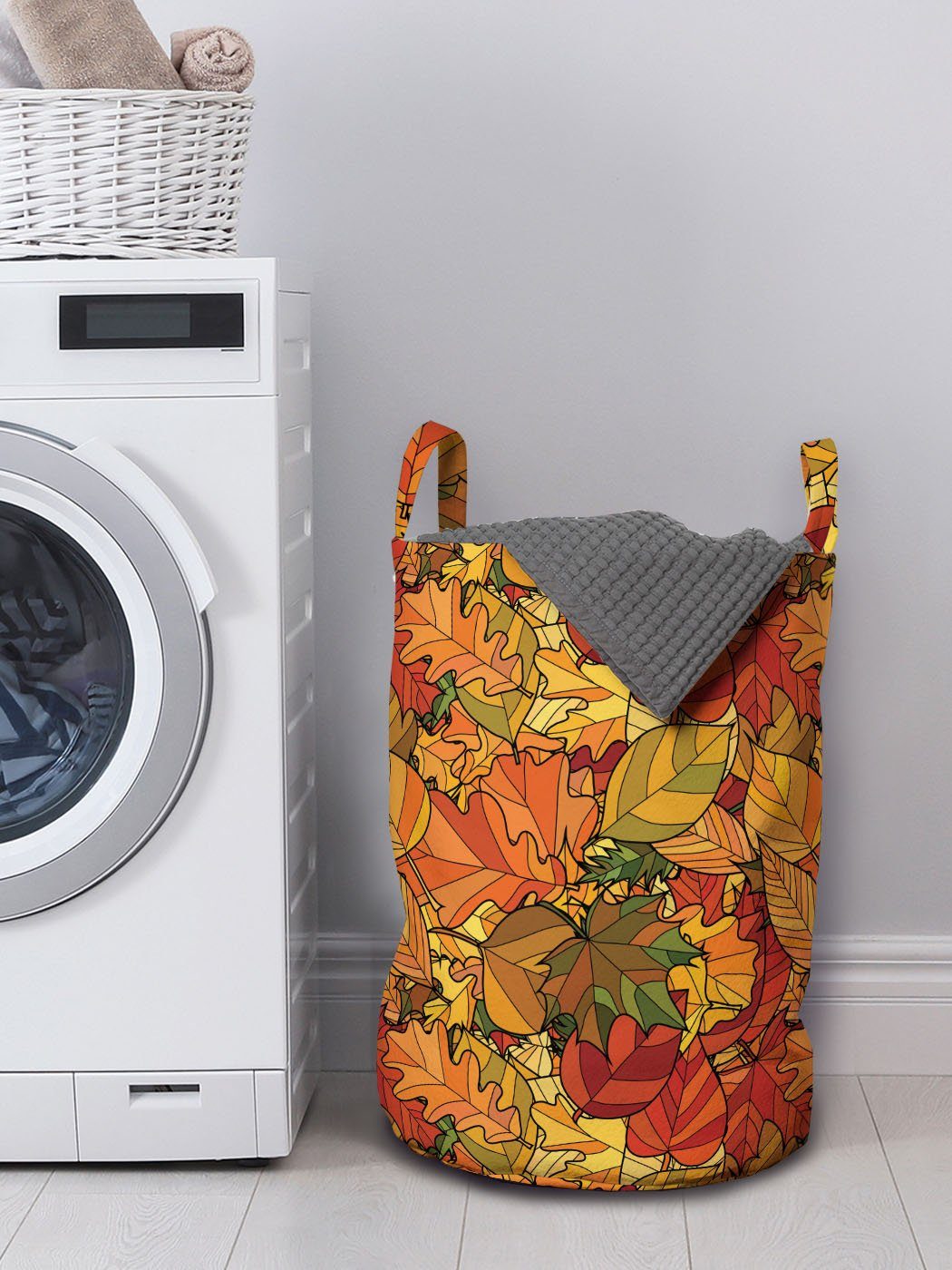 Herbst Waschsalons, Kordelzugverschluss Blätter Doodle Abstrakt Abakuhaus Stil für Wäschekorb Griffen mit Wäschesäckchen