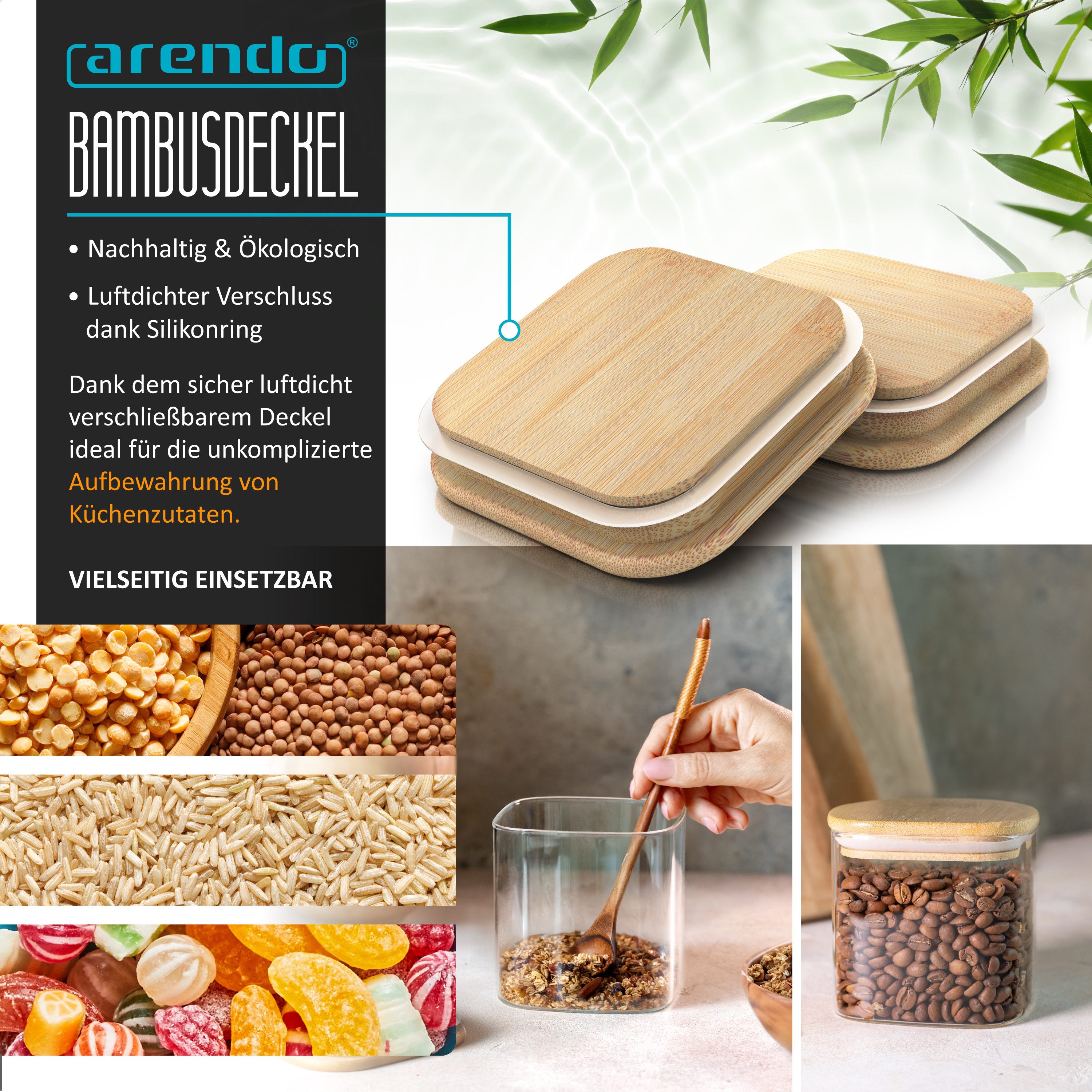 Arendo Aufbewahrungsbecher Glasbehälter-Set 2x 0,8 L, Borosilikatglas mit Bambusdeckel, luftdicht, Borosilikatglas; Bambus; Silikon, (Vorratsbehälter-Set, 2-tlg., 2er Set), Hitzebeständig, umweltfreundlich, langlebig, mikrowellengeeignet