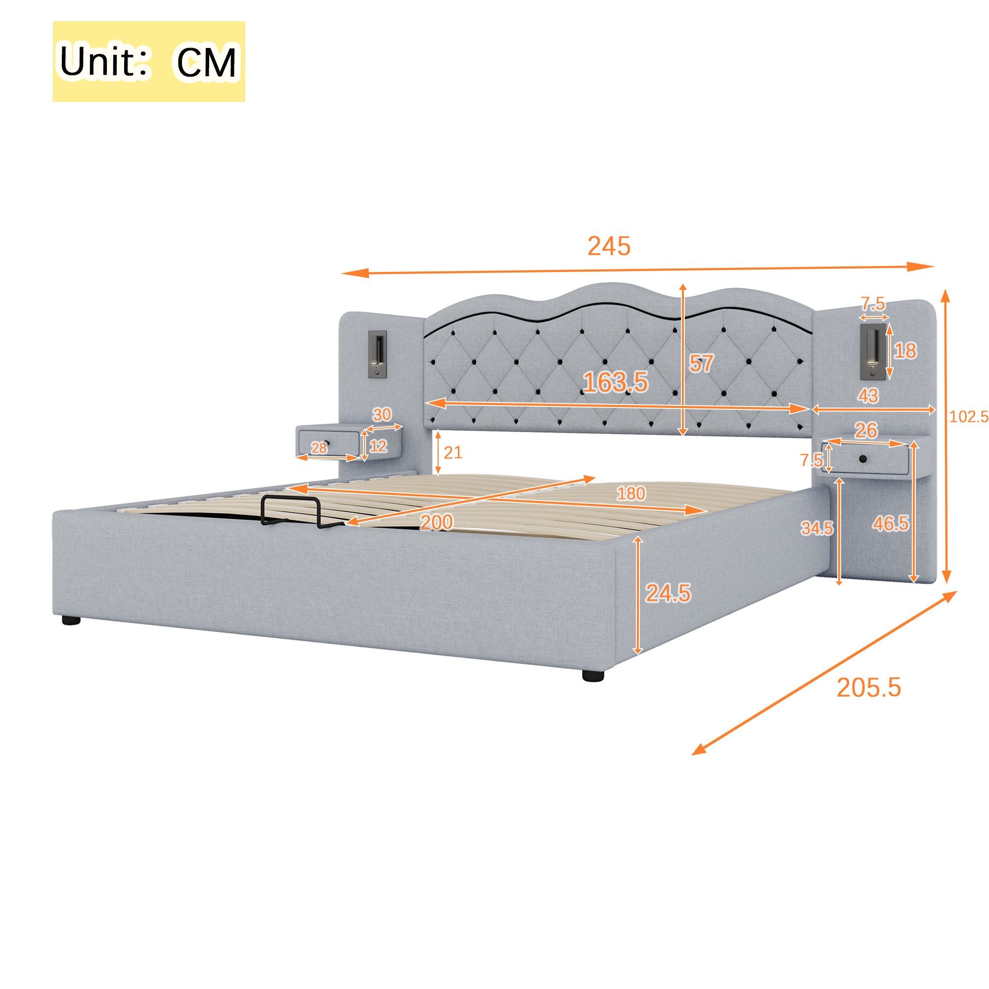 Flieks Polsterbett, Hydraulisches Doppelbett 180x200cm mit Nachttischlampen günstig online kaufen