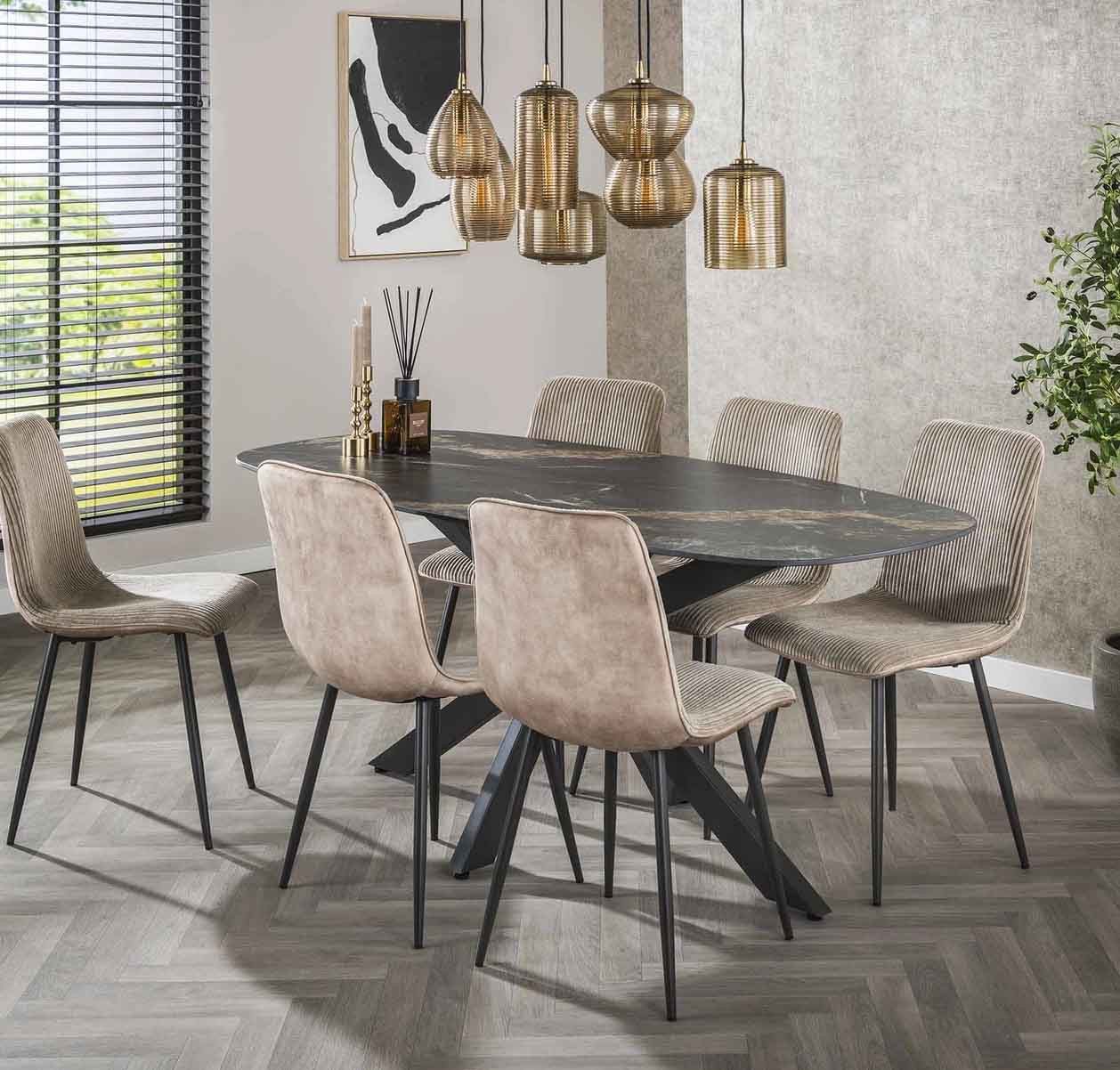 LEVEN Lifestyle Esstisch Esszimmertisch oval Tischplatte Keramik schwarz Fossil 180 x 90 cm, Keramikplatte in grauer Natursteinoptik mit weißen und goldenen Adern
