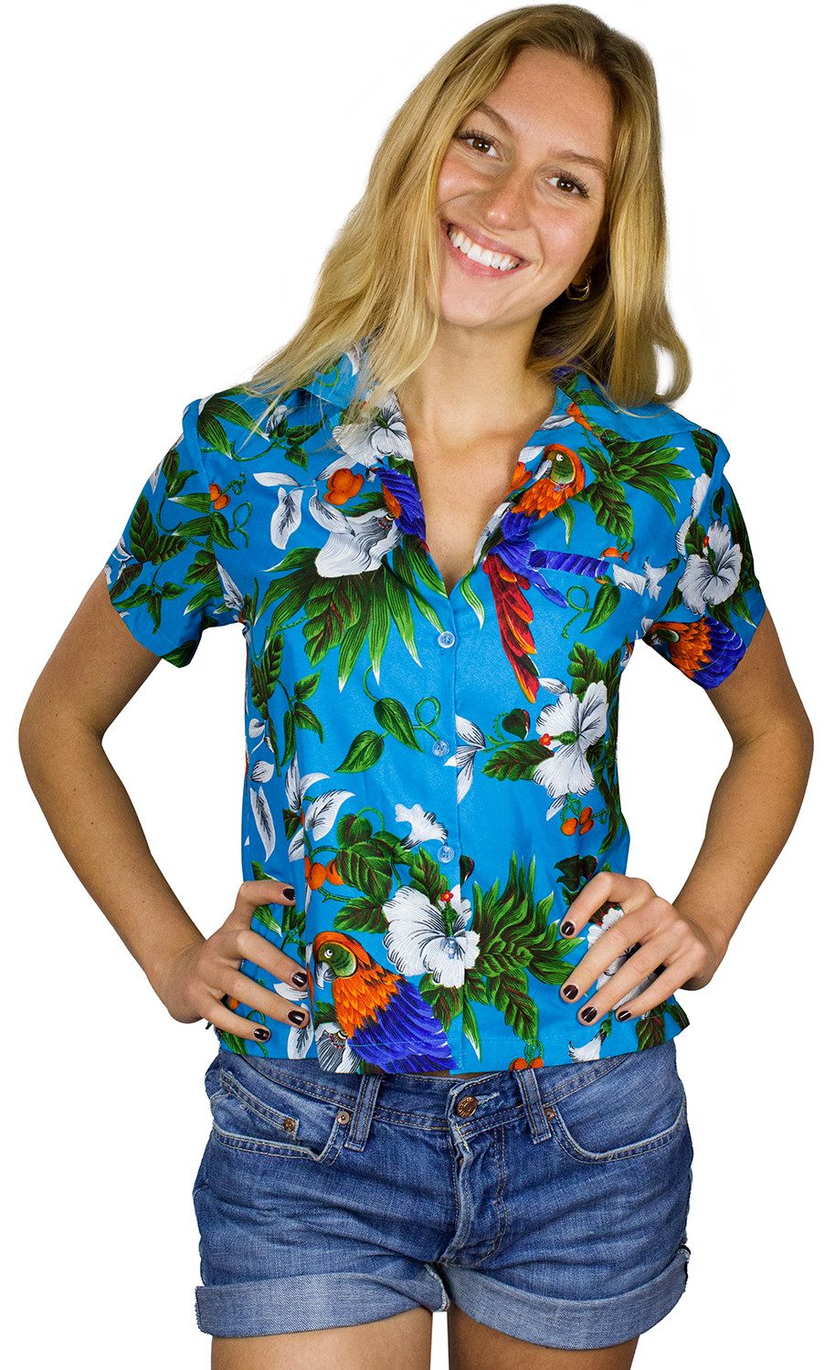 King Kameha Hawaiihemd Cherryparrot Funky Hawaiibluse Damen Kurzarm Front-Tasche Stylish
