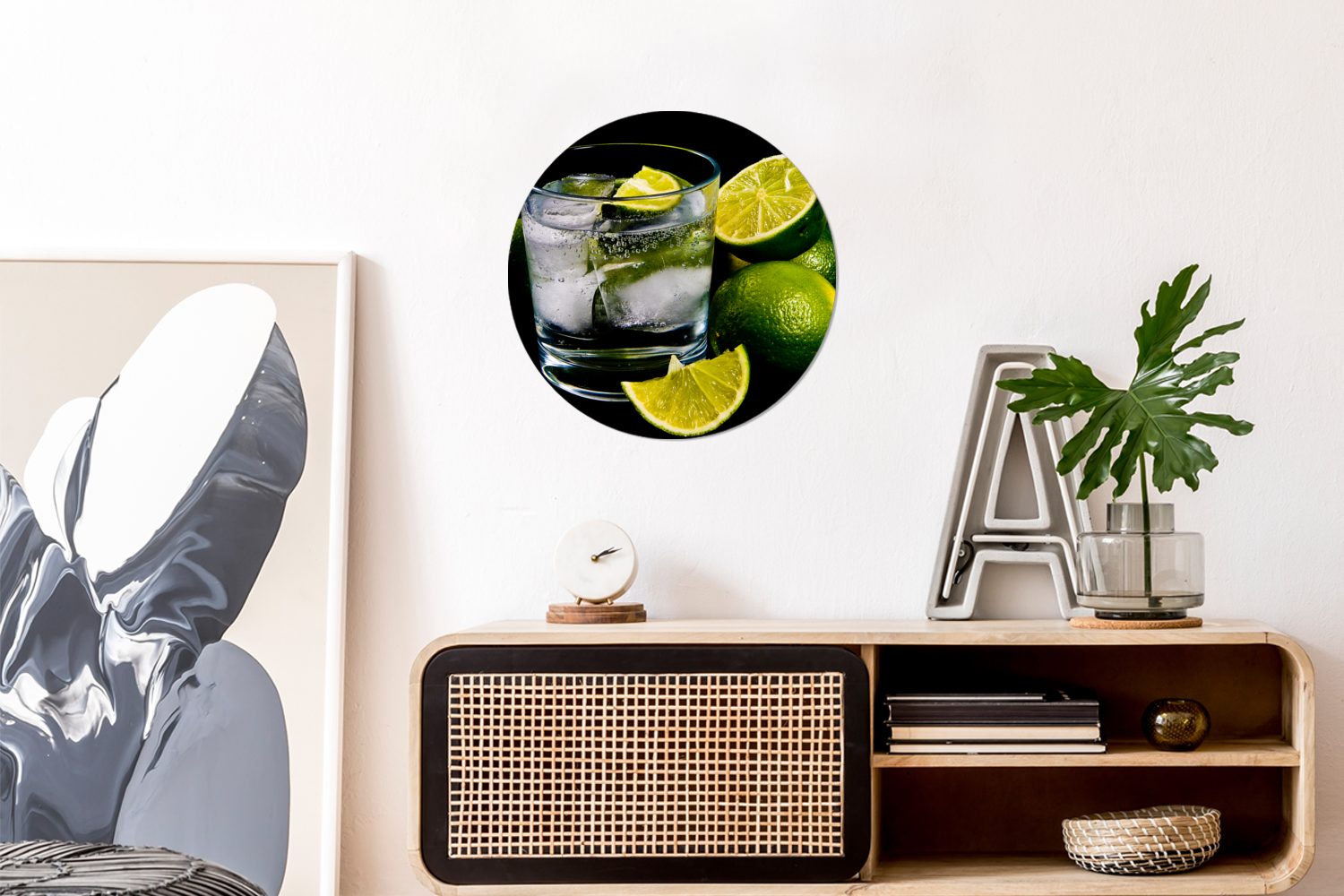 Tonic Rundes Glas St), Wandbild, von cm MuchoWow Wohnzimmer, umgeben Forex, Eis, 30x30 auf Kreis Wanddekoration (1 Gemälde Gin Limetten,
