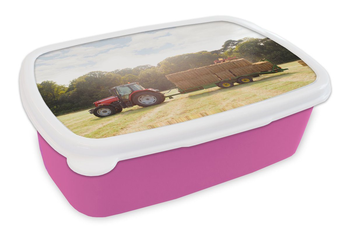 MuchoWow Lunchbox Traktor - Anhänger - Heu, Kunststoff, (2-tlg), Brotbox für Erwachsene, Brotdose Kinder, Snackbox, Mädchen, Kunststoff rosa