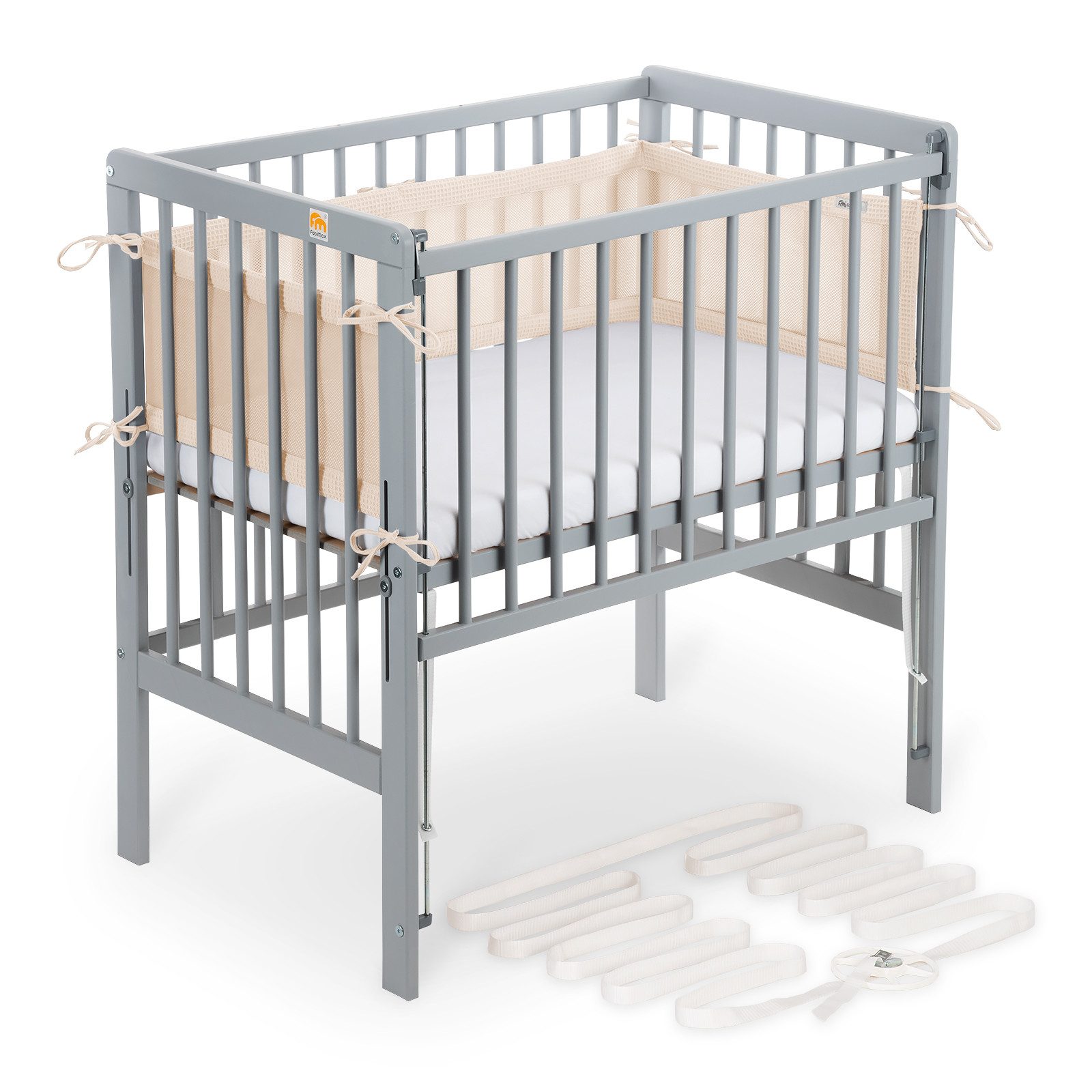 FabiMax Beistellbett Beistellbett Flex 90x55, TÜV geprüft, aus Buchenholz grau lackiert, stufenlos höhenverstellbar, passend für Boxspringbetten, 2 in 1