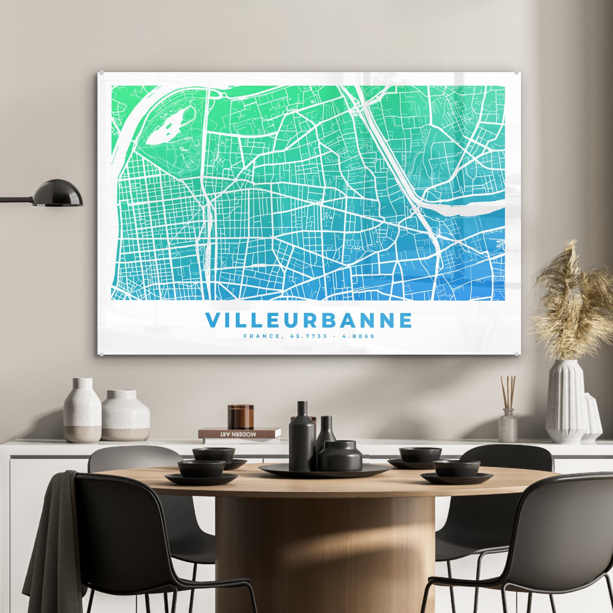 MuchoWow Acrylglasbild Frankreich - Stadtplan Schlafzimmer & (1 Villeurbanne, - Acrylglasbilder Wohnzimmer St)