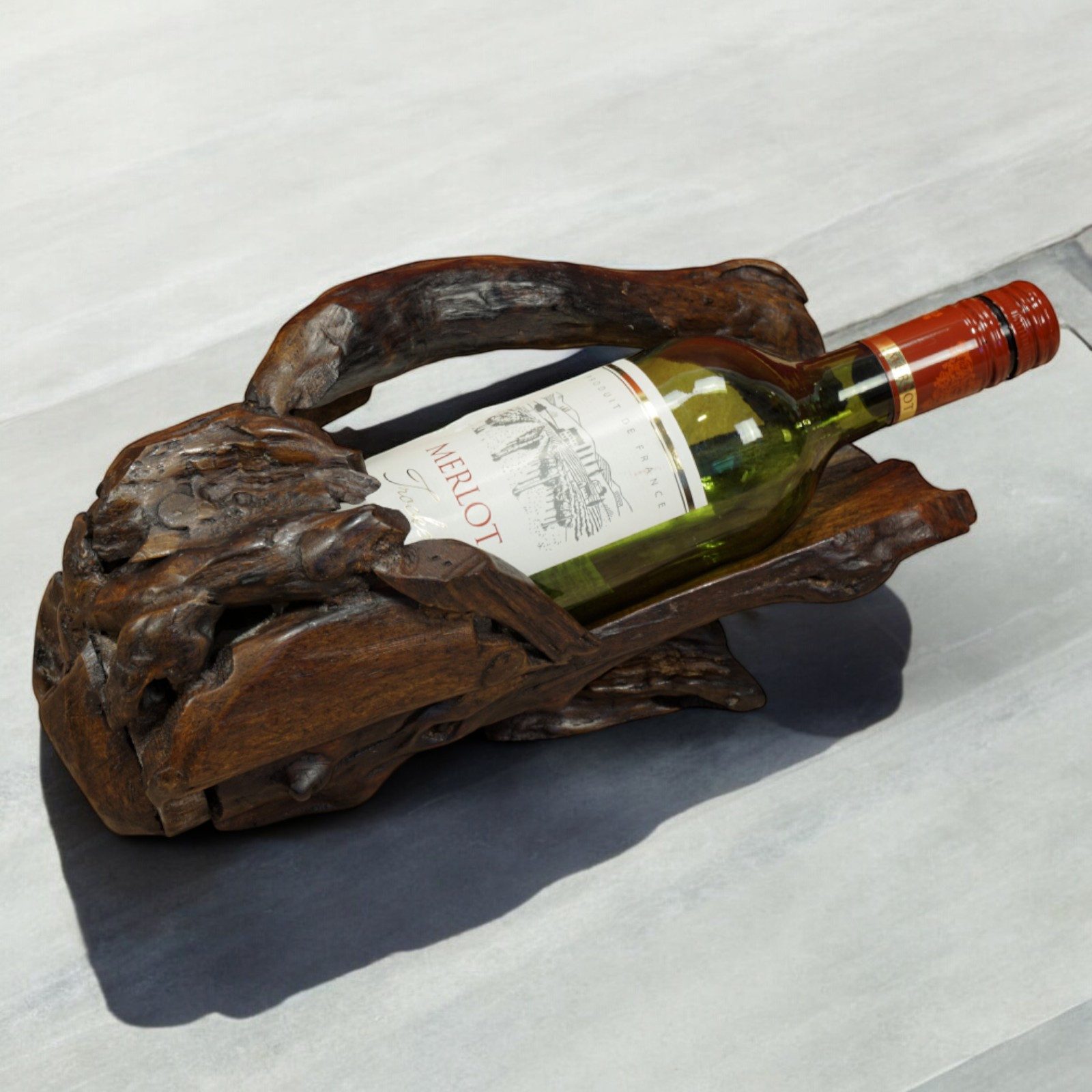 Kinaree Weinflaschenhalter Wurzelholz Flaschenhalter, Naturprodukt, Teak Massivholz, Unikate, Geschenk